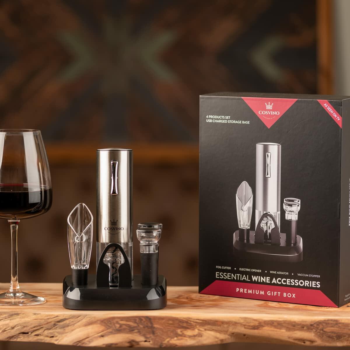COSVINO Premium Electric Wine Bottle Opener with Charging Base Silver Stainless