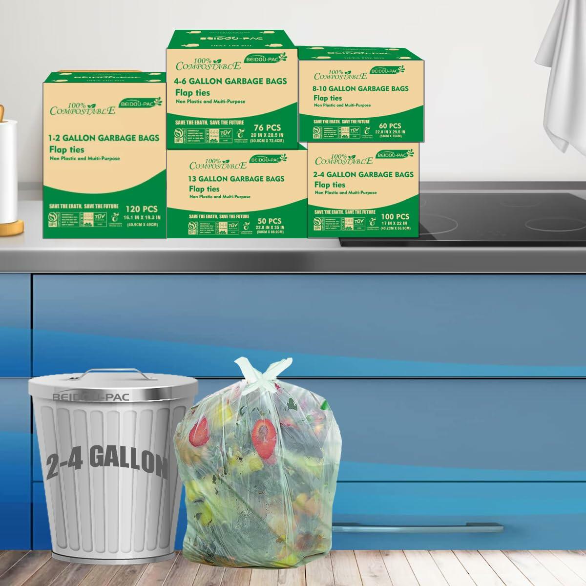 BEIDOU-PAC 3 Gallon Compostable Trash Bags Flat Tie 100 Count Green