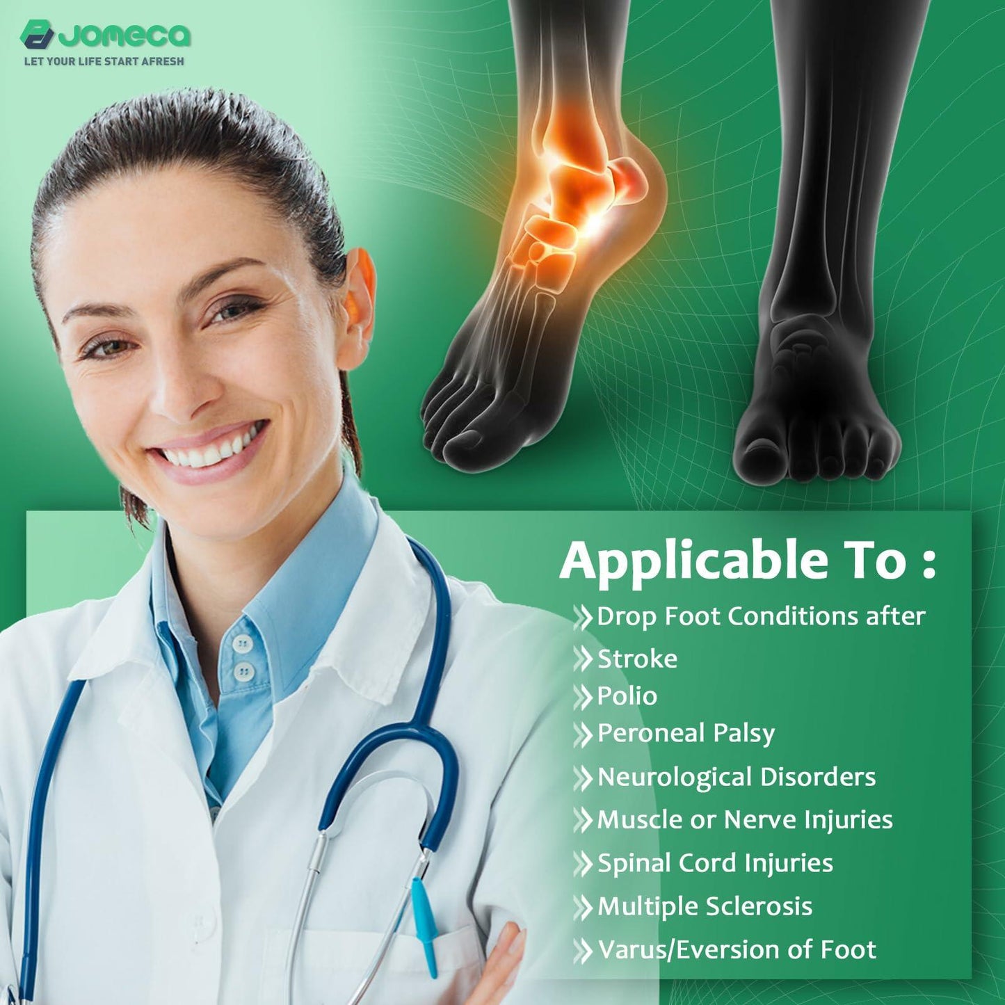 JOMECA Adjustable AFO Foot Brace Dial Tension Support for Walking with Shoes