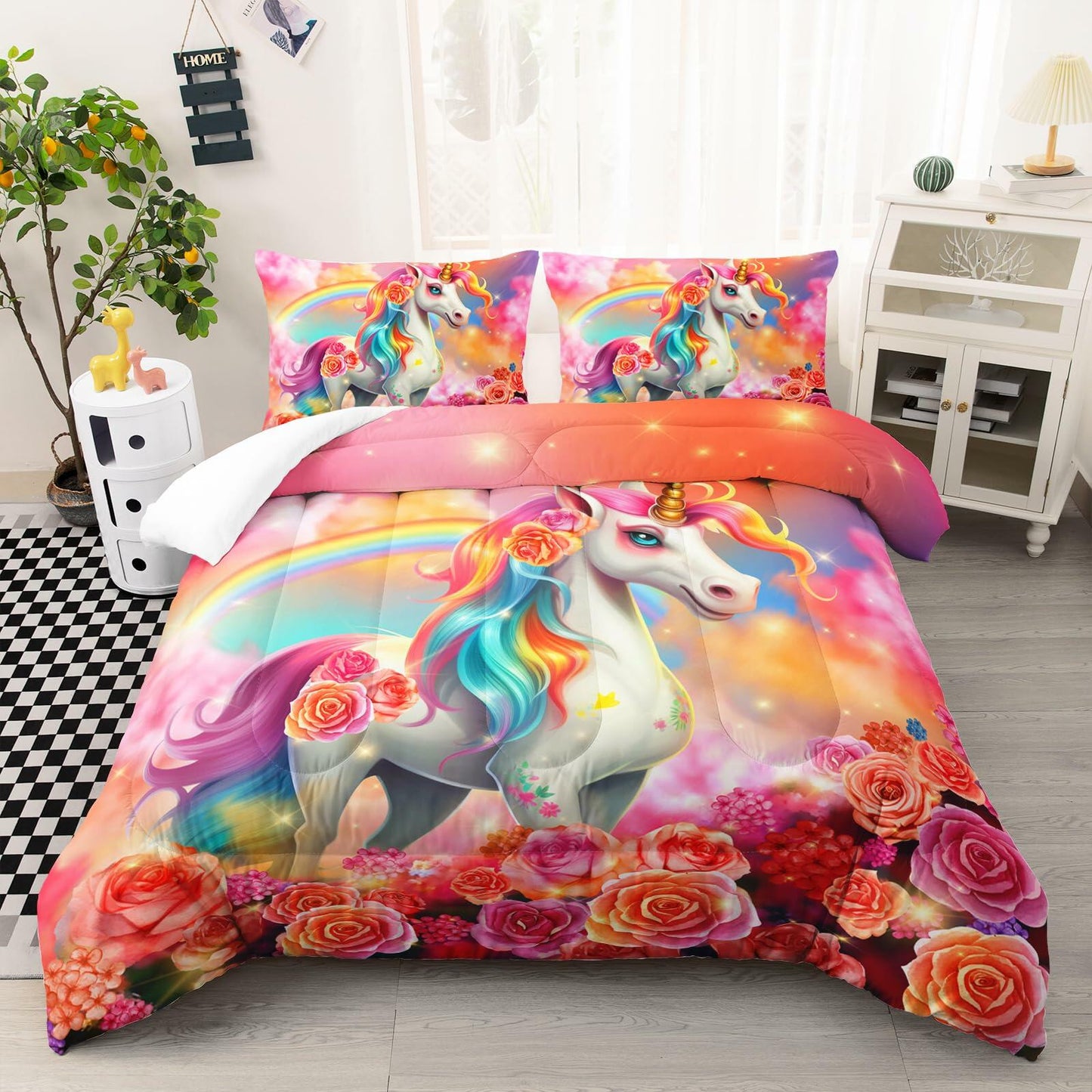 Ntlfup Unicorn Twin Bedding Set Pink Rainbow Comforter with 2 Pillowcases