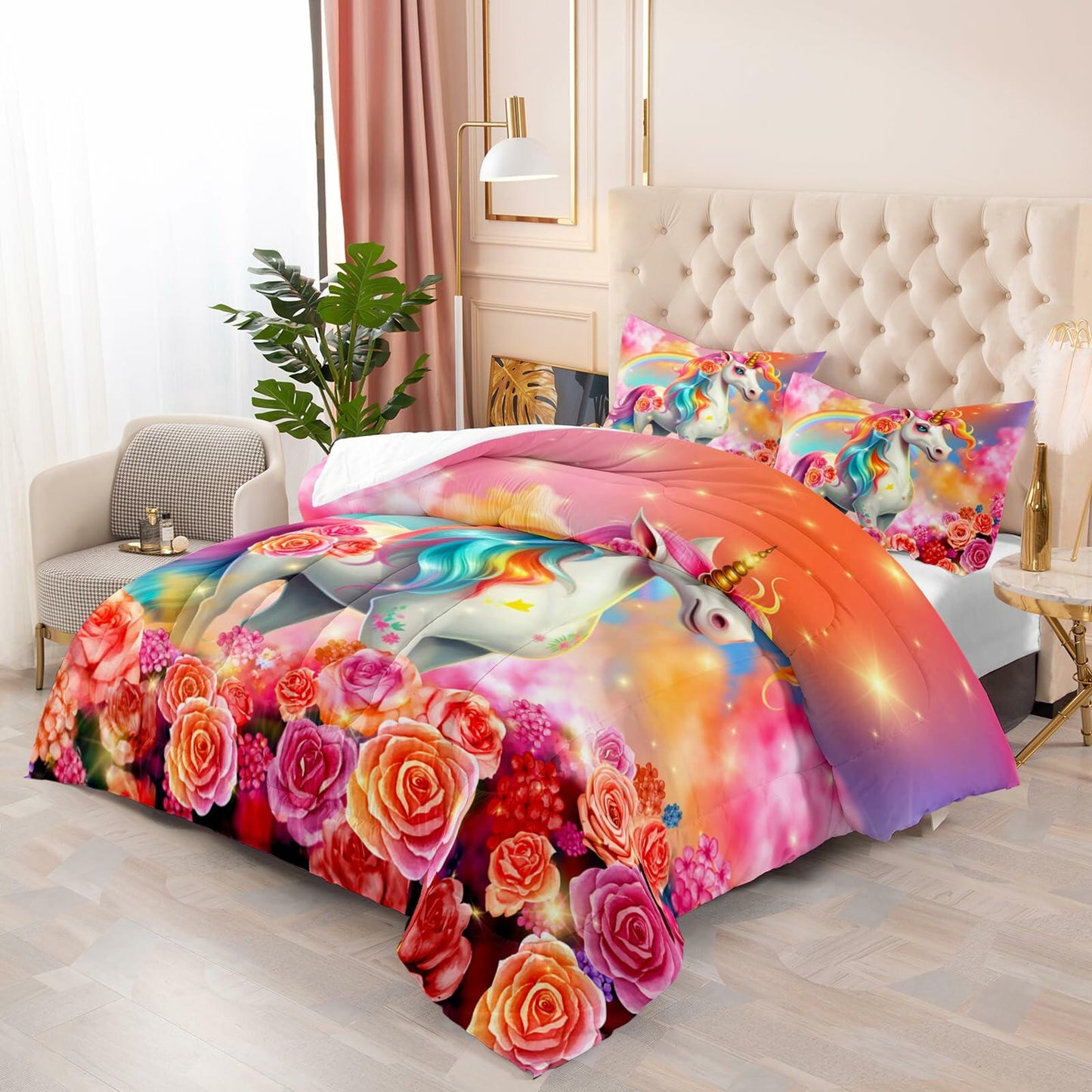 Ntlfup Unicorn Twin Bedding Set Pink Rainbow Comforter with 2 Pillowcases
