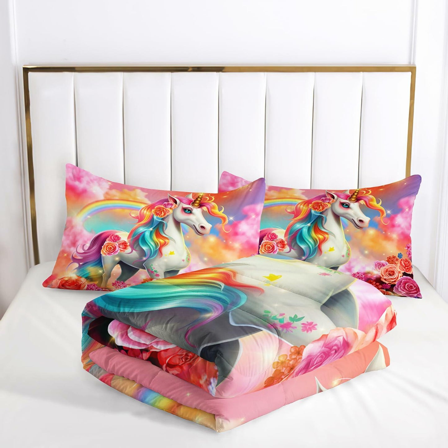 Ntlfup Unicorn Twin Bedding Set Pink Rainbow Comforter with 2 Pillowcases