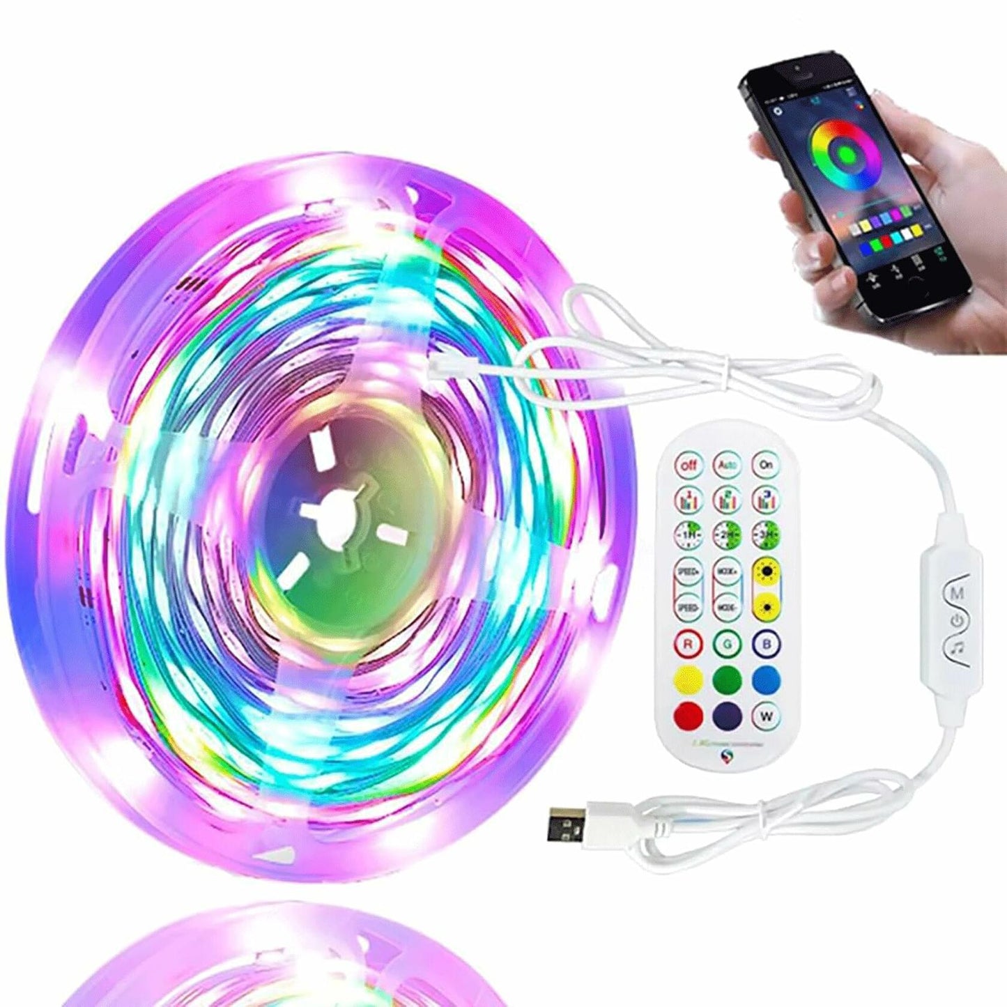 DTQJ 33FT IC-RGB LED Strip Lights Bluetooth Remote USB RGB Multi-Color