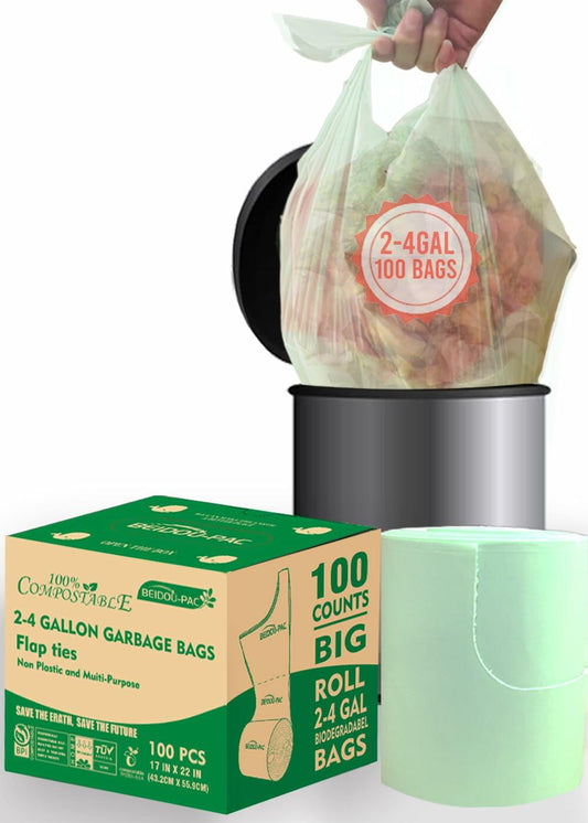 BEIDOU-PAC 3 Gallon Compostable Trash Bags Flat Tie 100 Count Green
