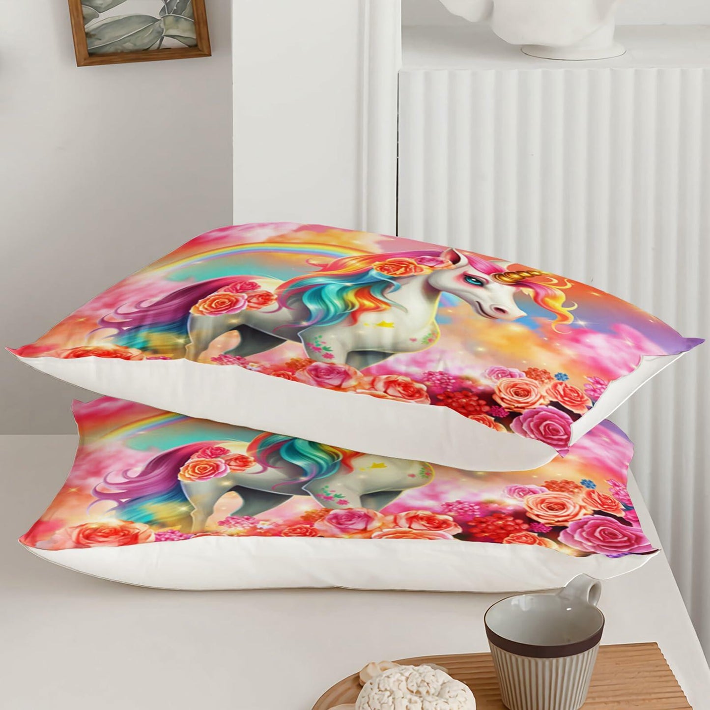 Ntlfup Unicorn Twin Bedding Set Pink Rainbow Comforter with 2 Pillowcases
