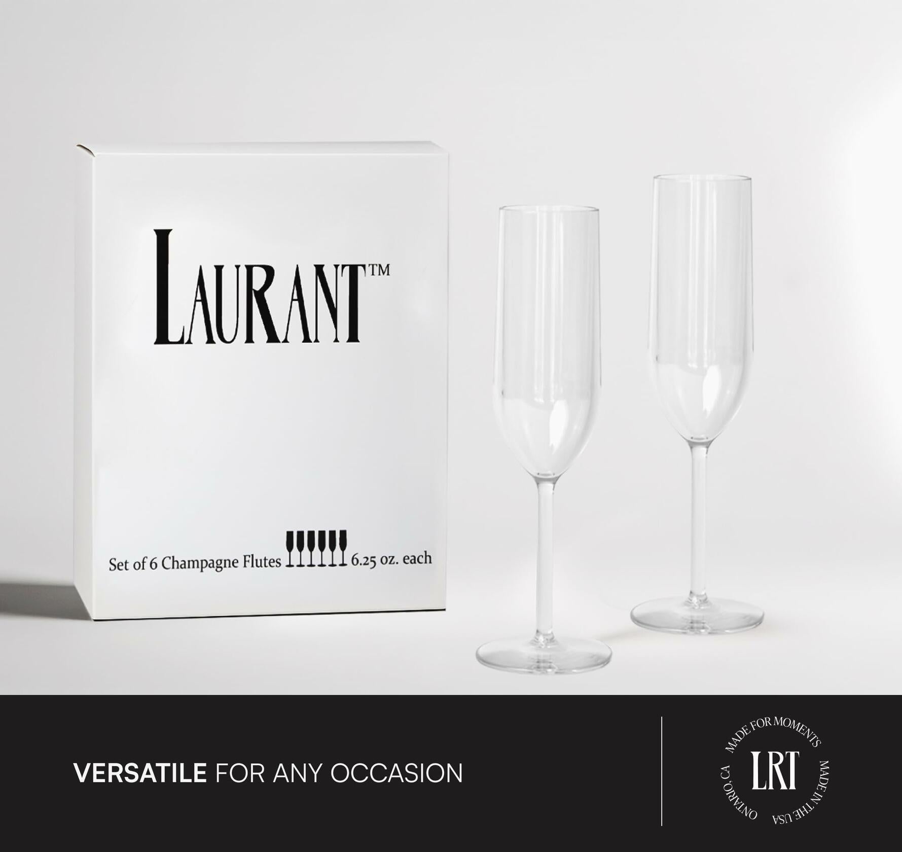 LAURANT Crystal Clear Plastic Champagne Flutes 6.25oz Set of 6 BPA Free USA