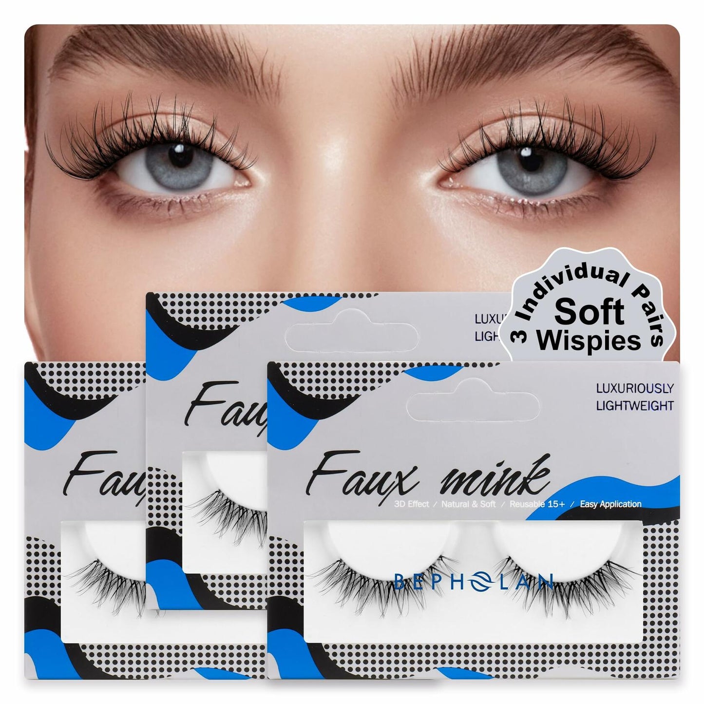 Bepholan 3 Pair 3D Faux Mink False Eyelashes Natural Look Soft Band M11