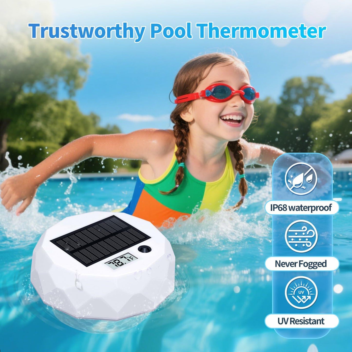 Glarepo Digital Pool Thermometer Floating Large LCD Solar Powered Colorful 1in