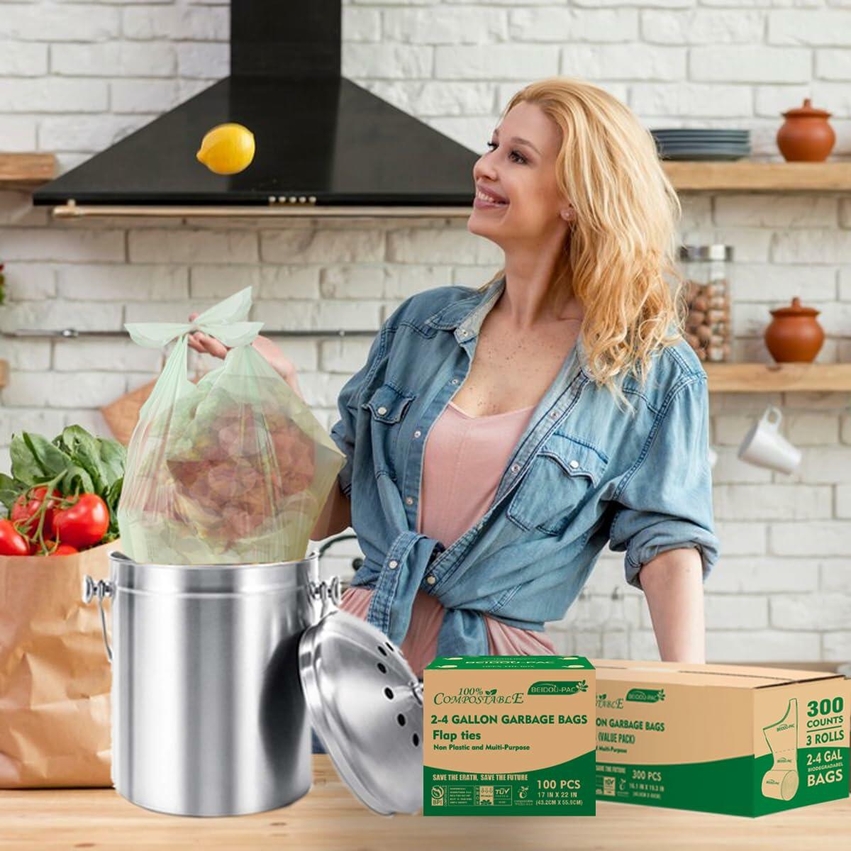 BEIDOU-PAC 3 Gallon Compostable Trash Bags Flat Tie 100 Count Green