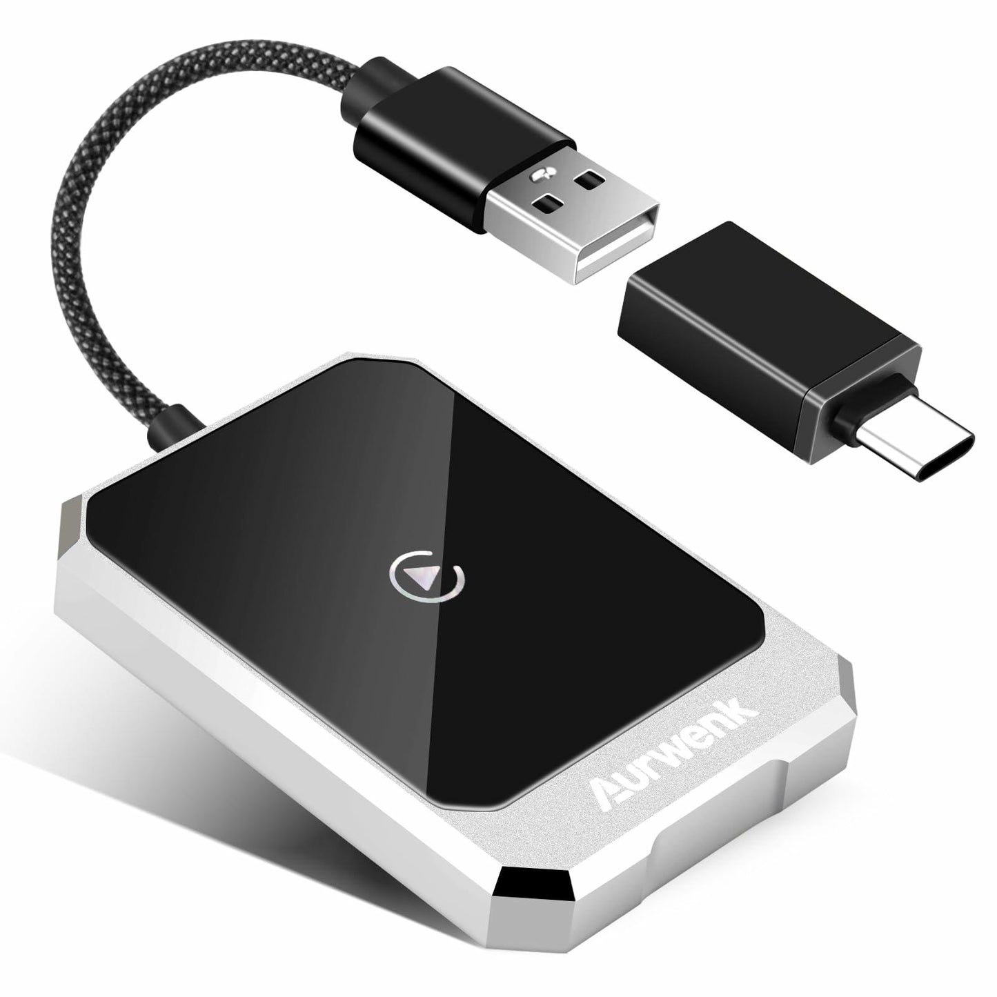 Aurwenk Wireless CarPlay Adapter for iPhone Mini Dongle Silver Plug & Play