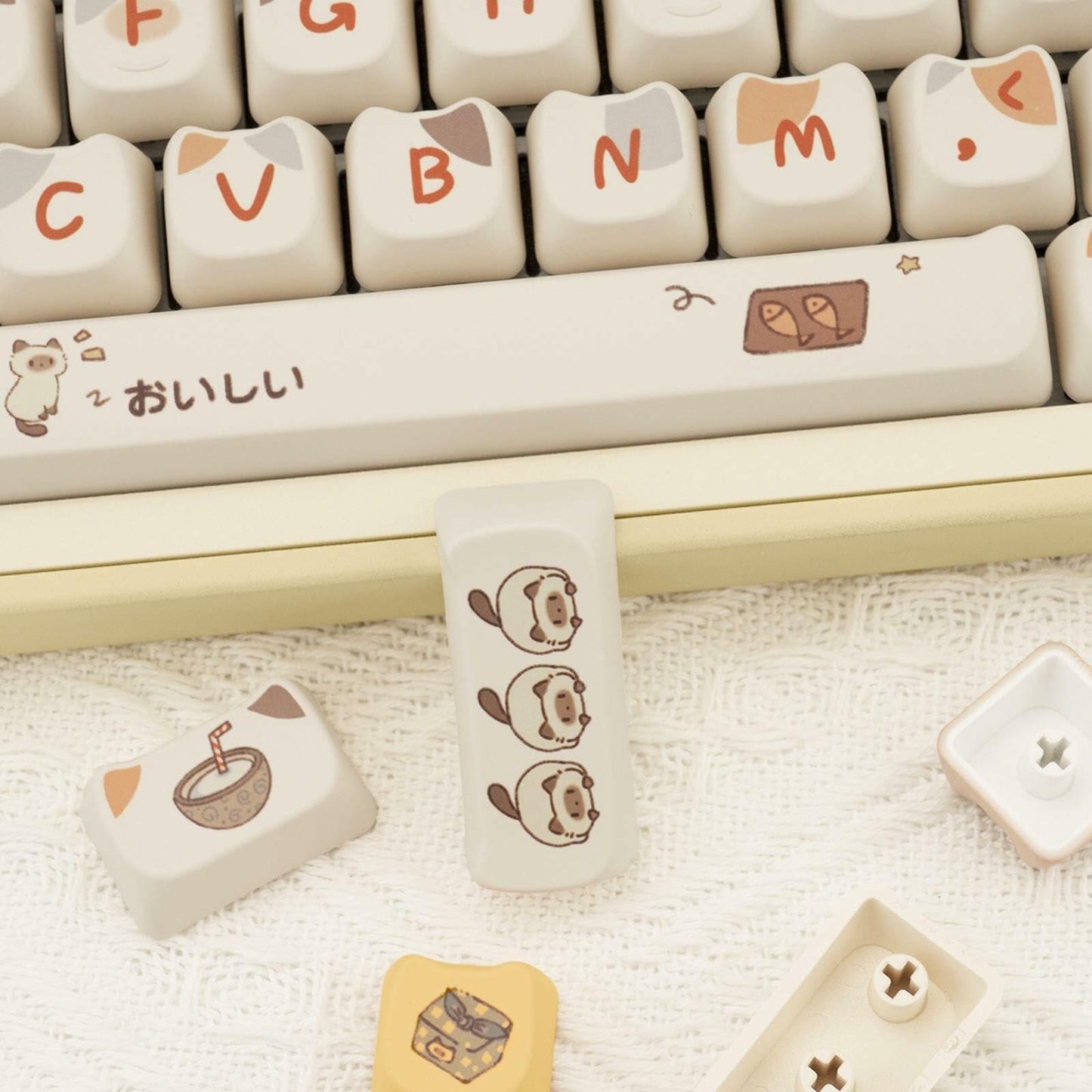 COOMICKEY PBT Cat Keycaps 142-Key Set Kawaii Dye-Sub for MX Mechanical Keyboards