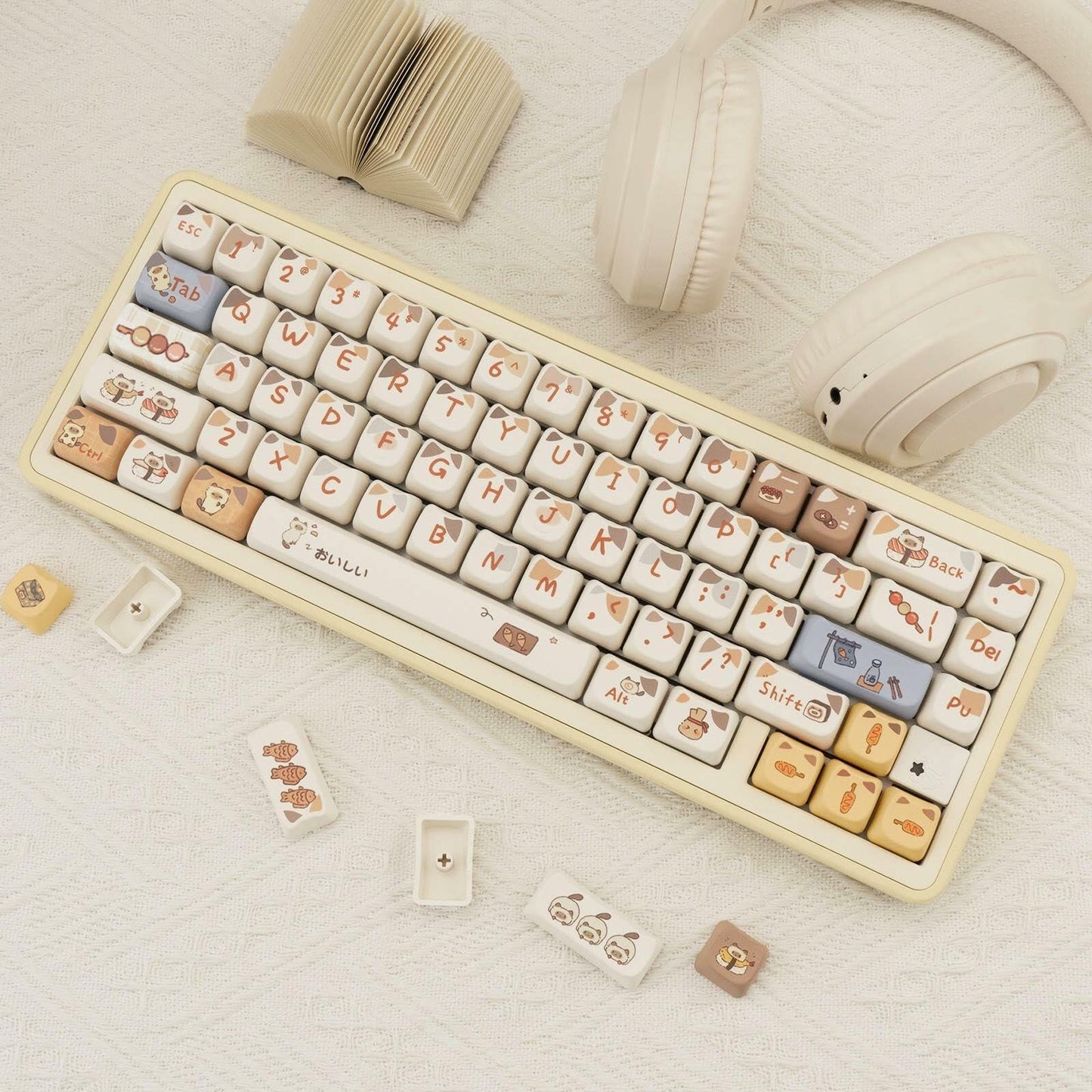 COOMICKEY PBT Cat Keycaps 142-Key Set Kawaii Dye-Sub for MX Mechanical Keyboards
