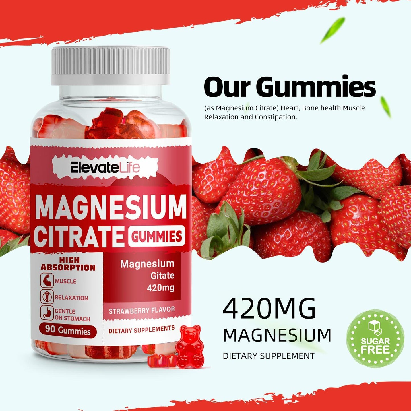 BestBy09/26 ElevateLife Magnesium Citrate Gummies 420mg 90 Vegan Strawberry