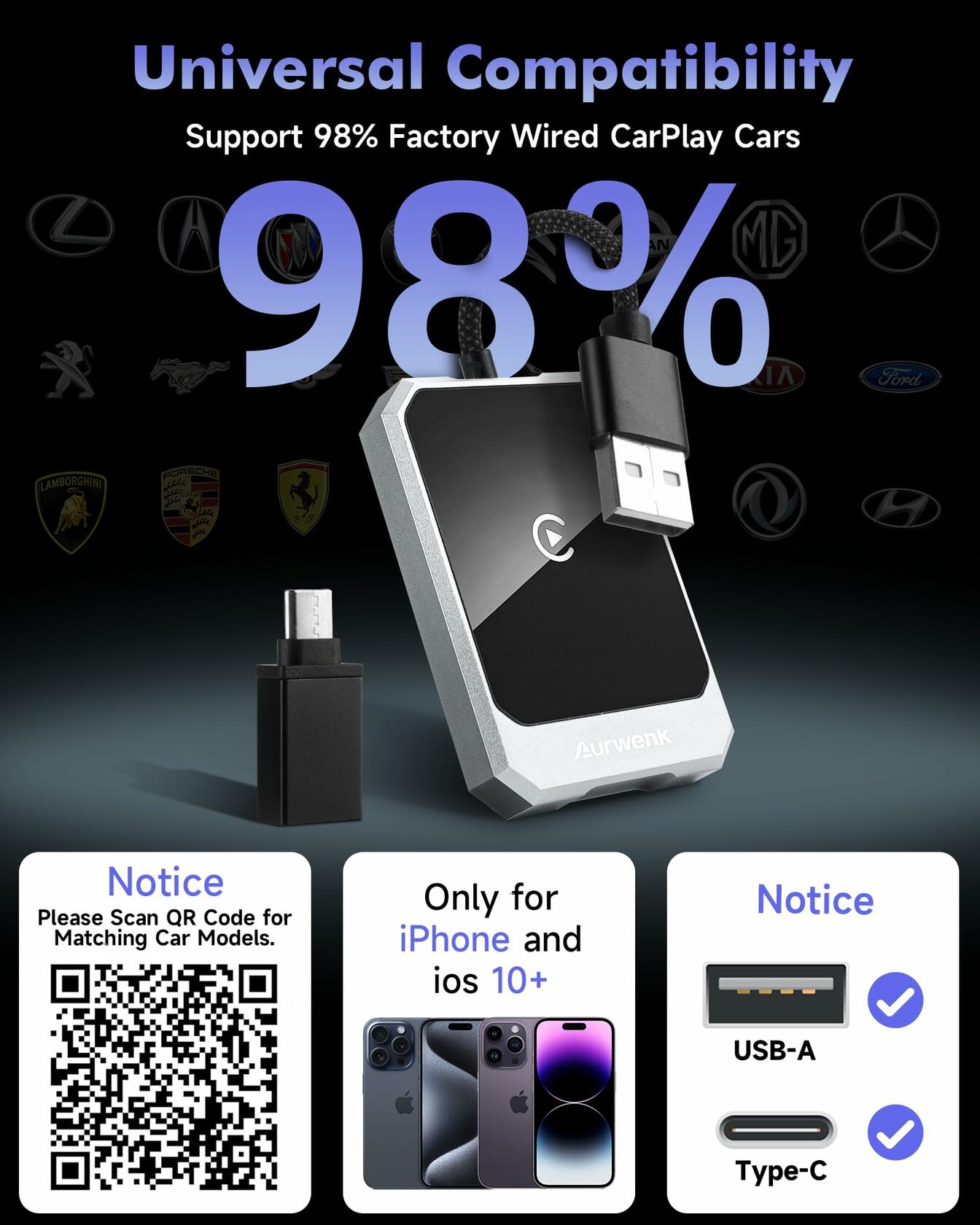 Aurwenk Wireless CarPlay Adapter for iPhone Mini Dongle Silver Plug & Play