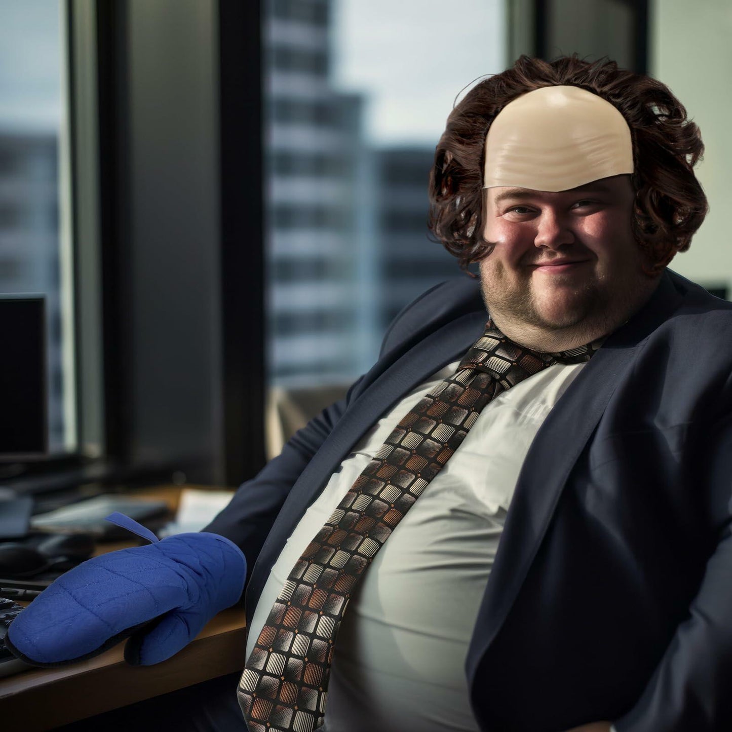 Yearntown Halloween Bald Man Costume Set Brown Wig Bald Cap Gloves One Size