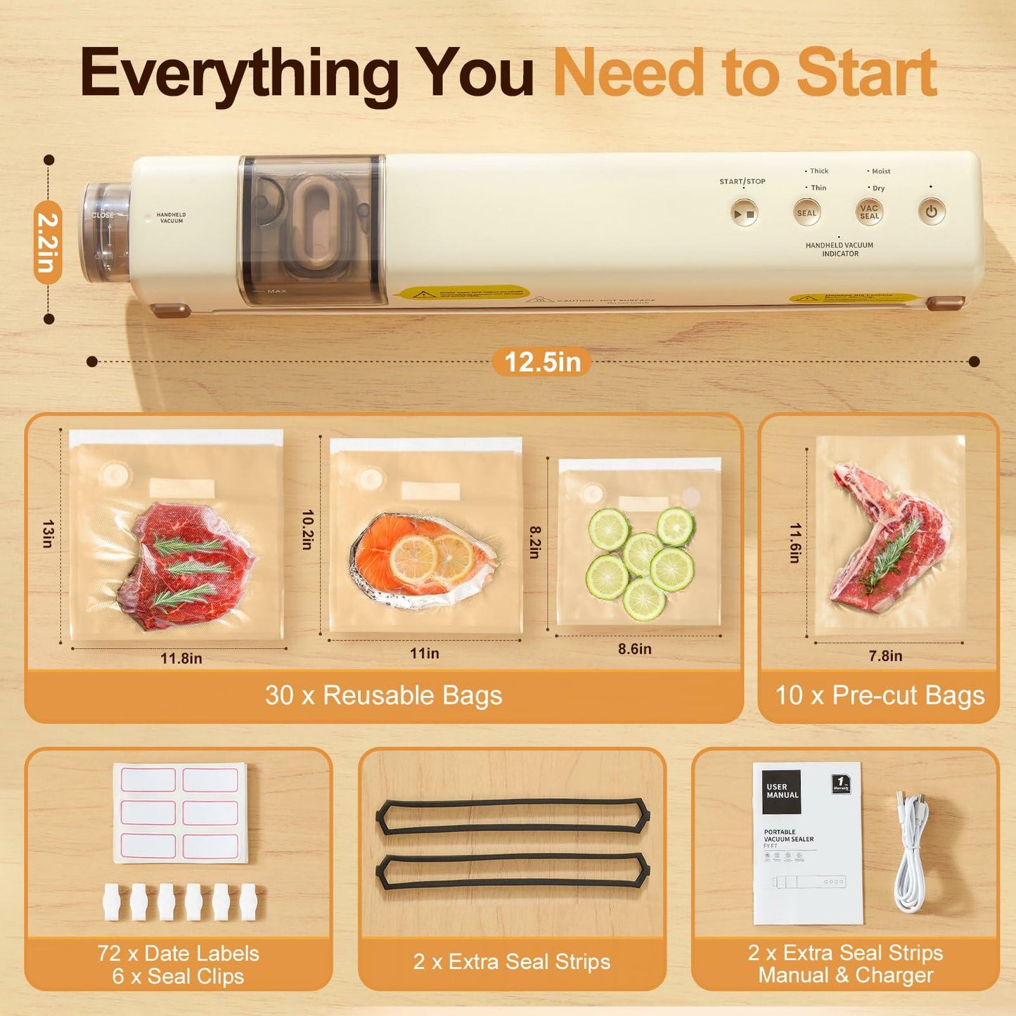 EUUZ 2-in-1 Vacuum Sealer with 40 Bags, Automatic, Beige, Handheld & Countertop