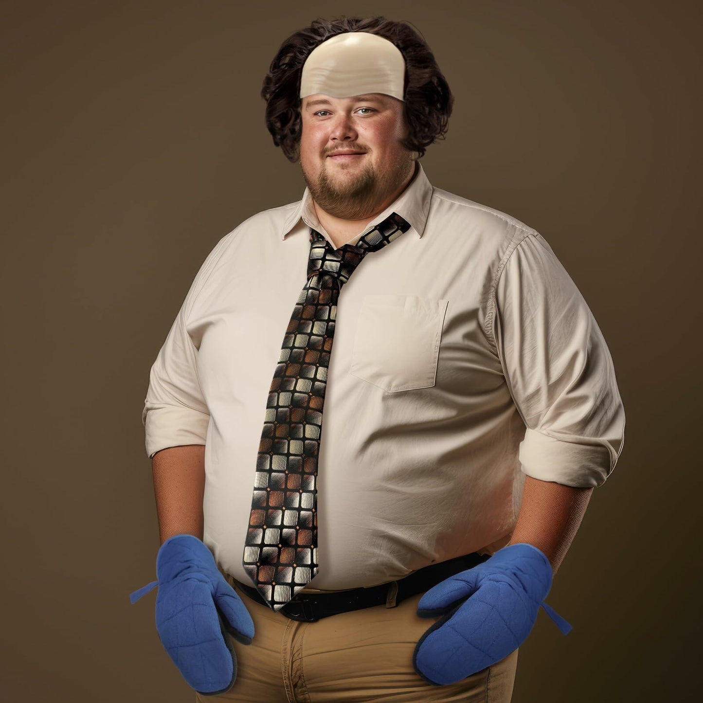 Yearntown Halloween Bald Man Costume Set Brown Wig Bald Cap Gloves One Size