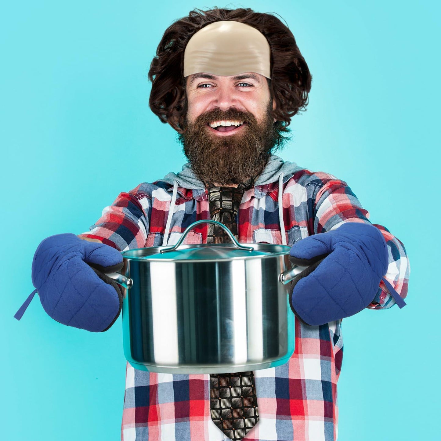 Yearntown Halloween Bald Man Costume Set Brown Wig Bald Cap Gloves One Size