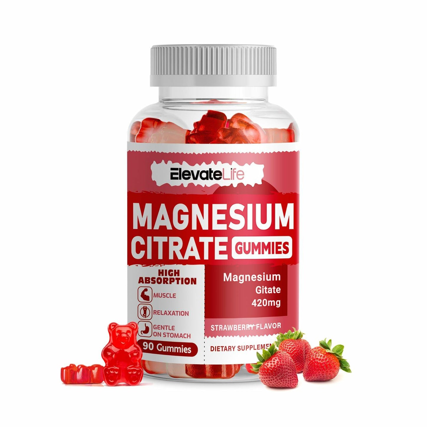 BestBy09/26 ElevateLife Magnesium Citrate Gummies 420mg 90 Vegan Strawberry