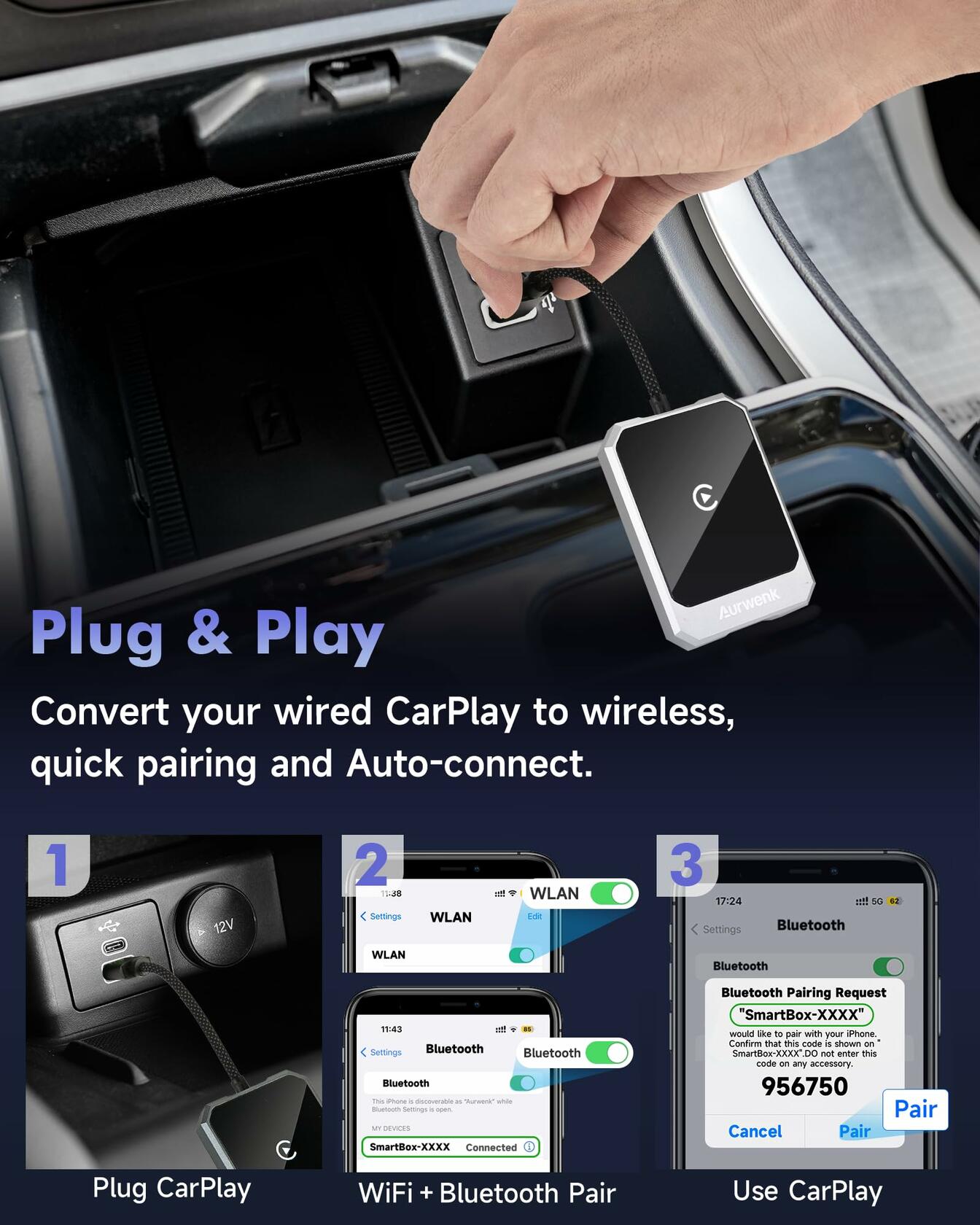 Aurwenk Wireless CarPlay Adapter for iPhone Mini Dongle Silver Plug & Play