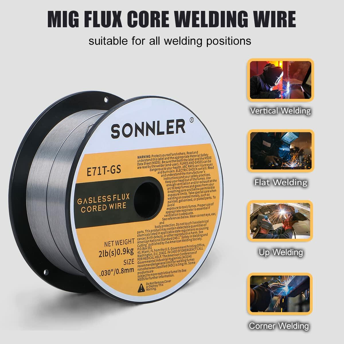 SONNLER Flux Core Welding Wire E71T-GS .030 0.8mm 2LB Carbon Steel