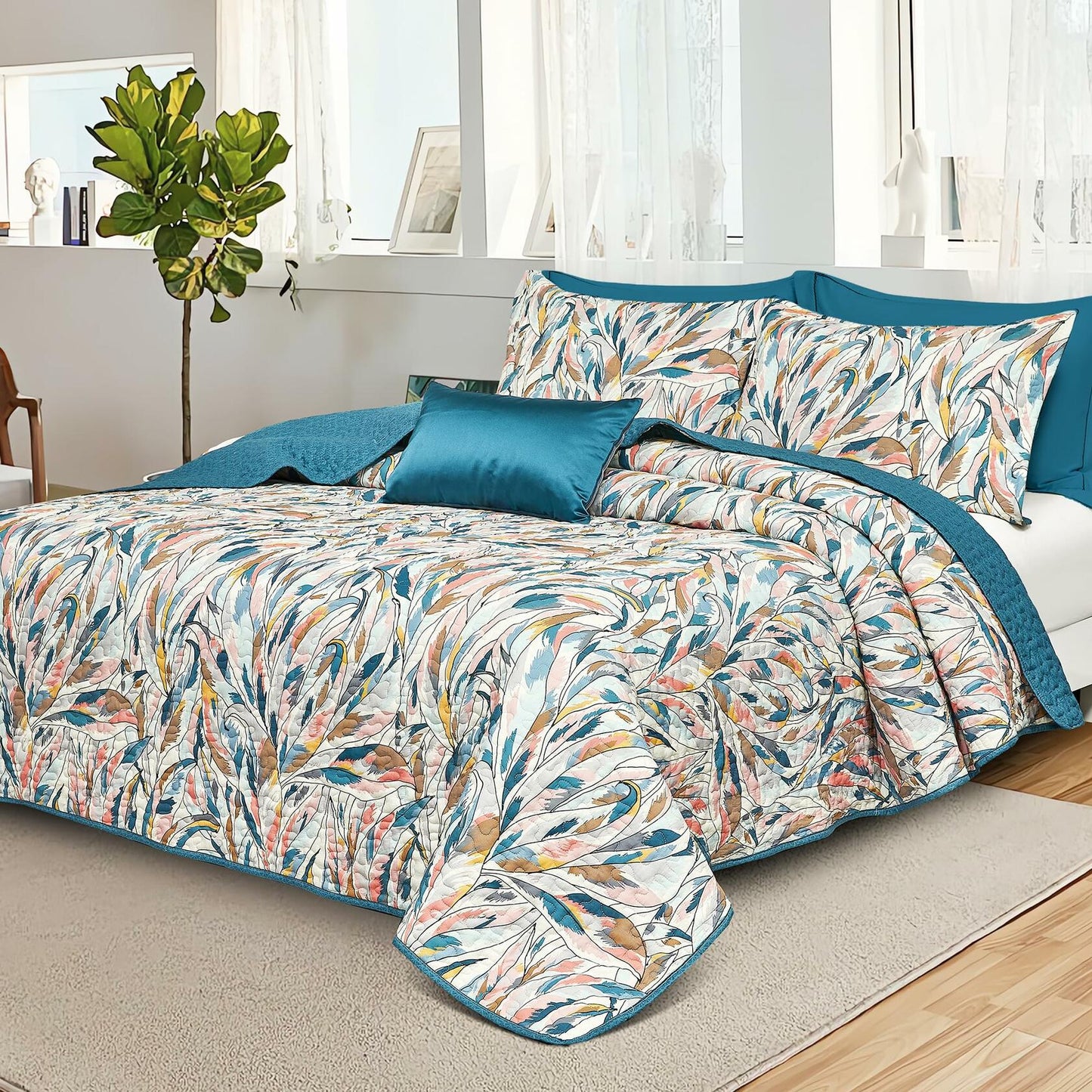 SLEEPBELLA Cotton Quilt Set Reversible Blue Geometric 3Pcs King 106x96