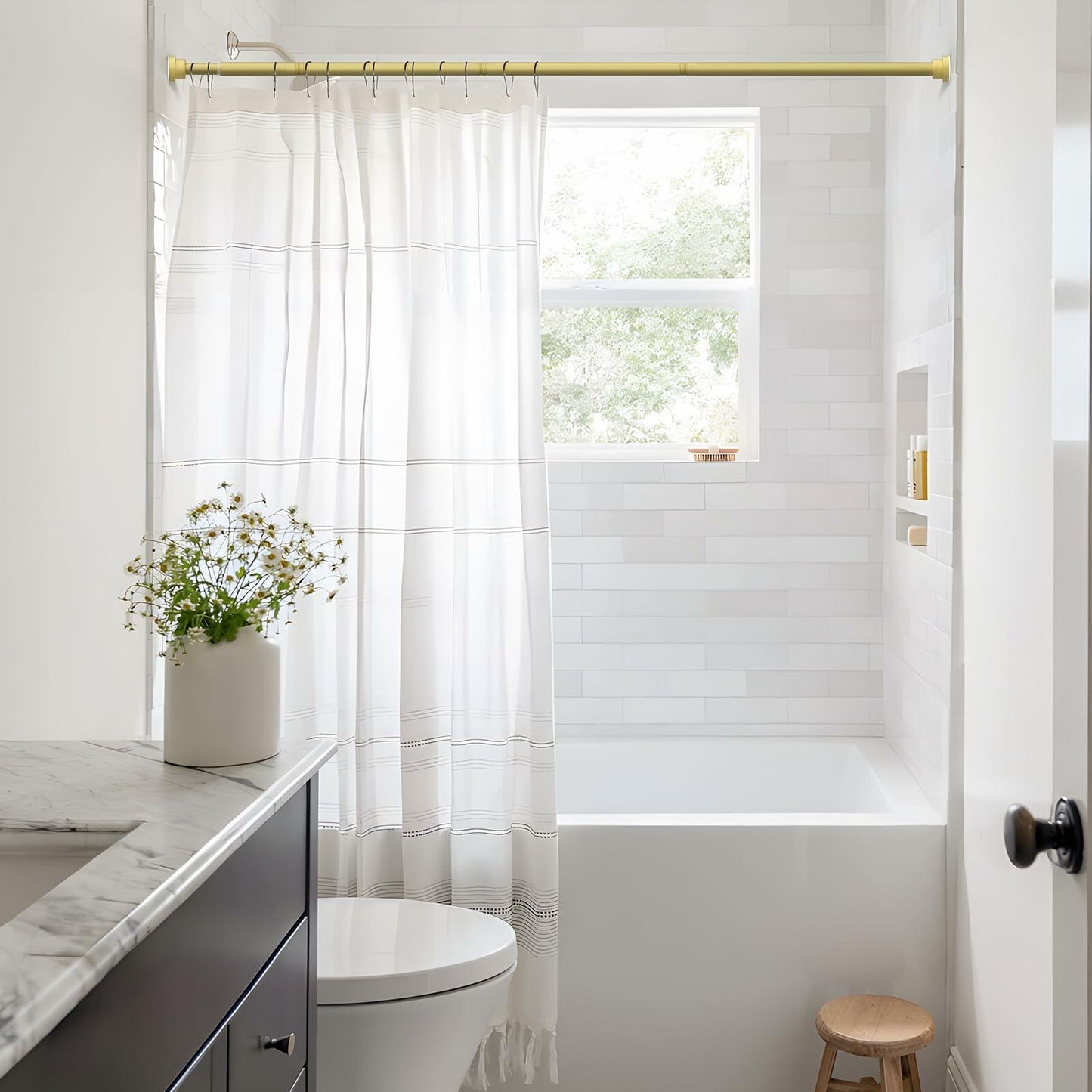 Fvonzn Adjustable Gold Shower Curtain Rod 28-48in Non-Slip High Carbon Steel