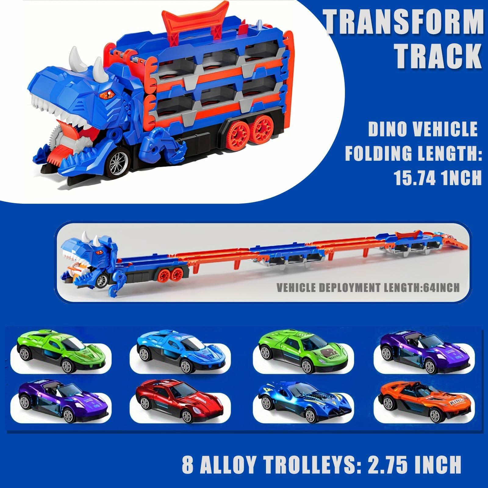 Unimoly Dinosaur Track Cars Toy Blue Transforms Dino Truck 8 Die-Cast Cars