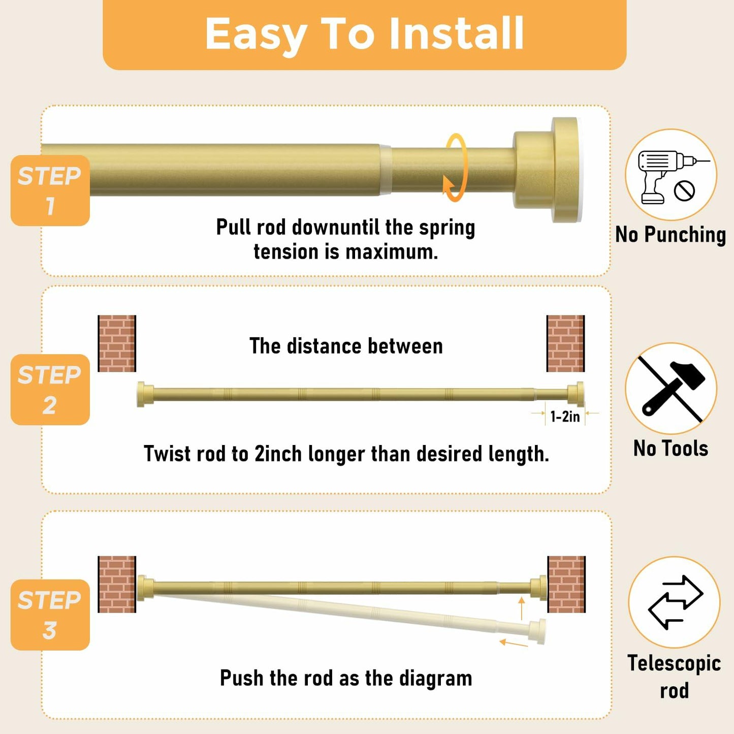 Fvonzn Adjustable Gold Shower Curtain Rod 28-48in Non-Slip High Carbon Steel