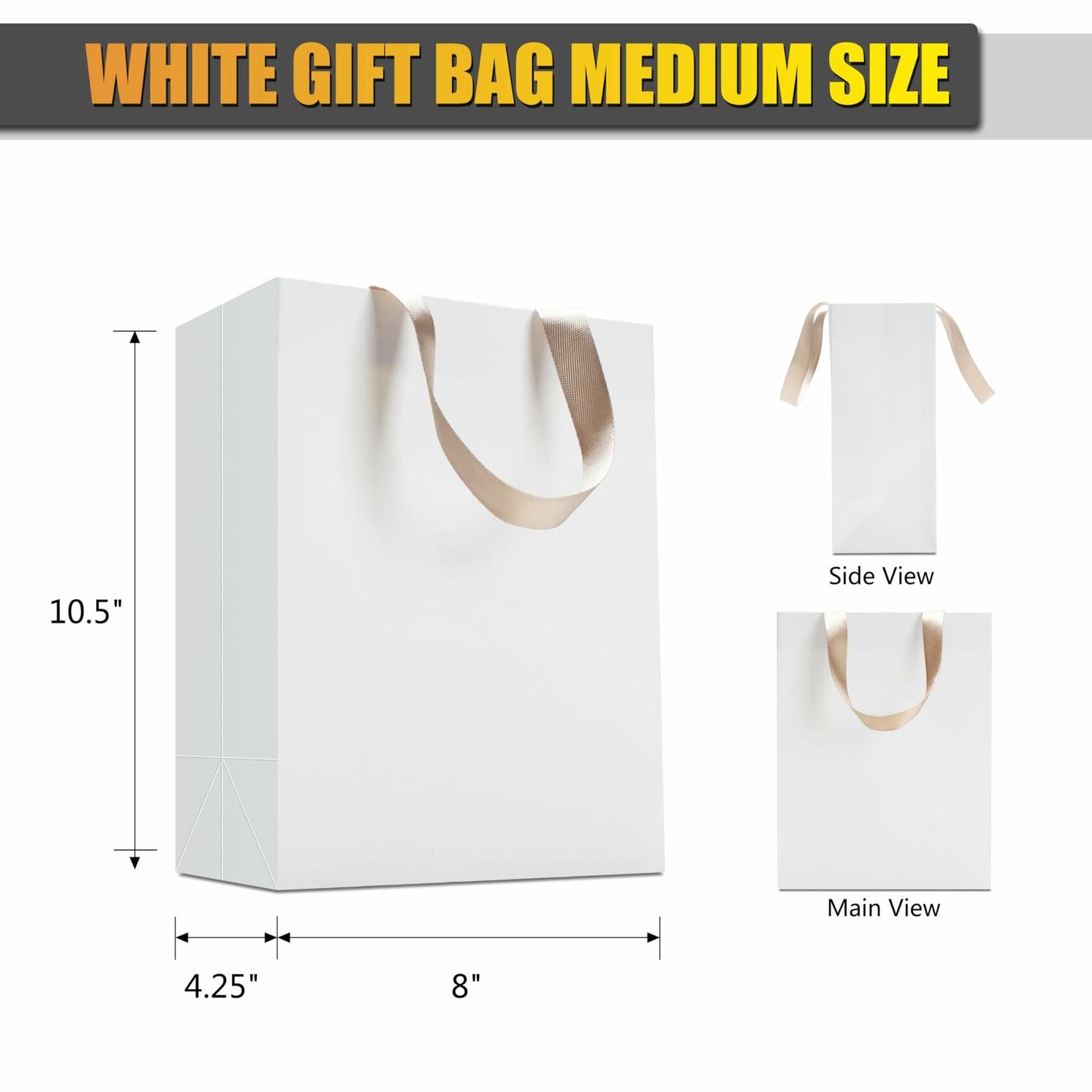 YUEYANG White Paper Gift Bags with Handles 8x4.25x10 inch 20Pcs