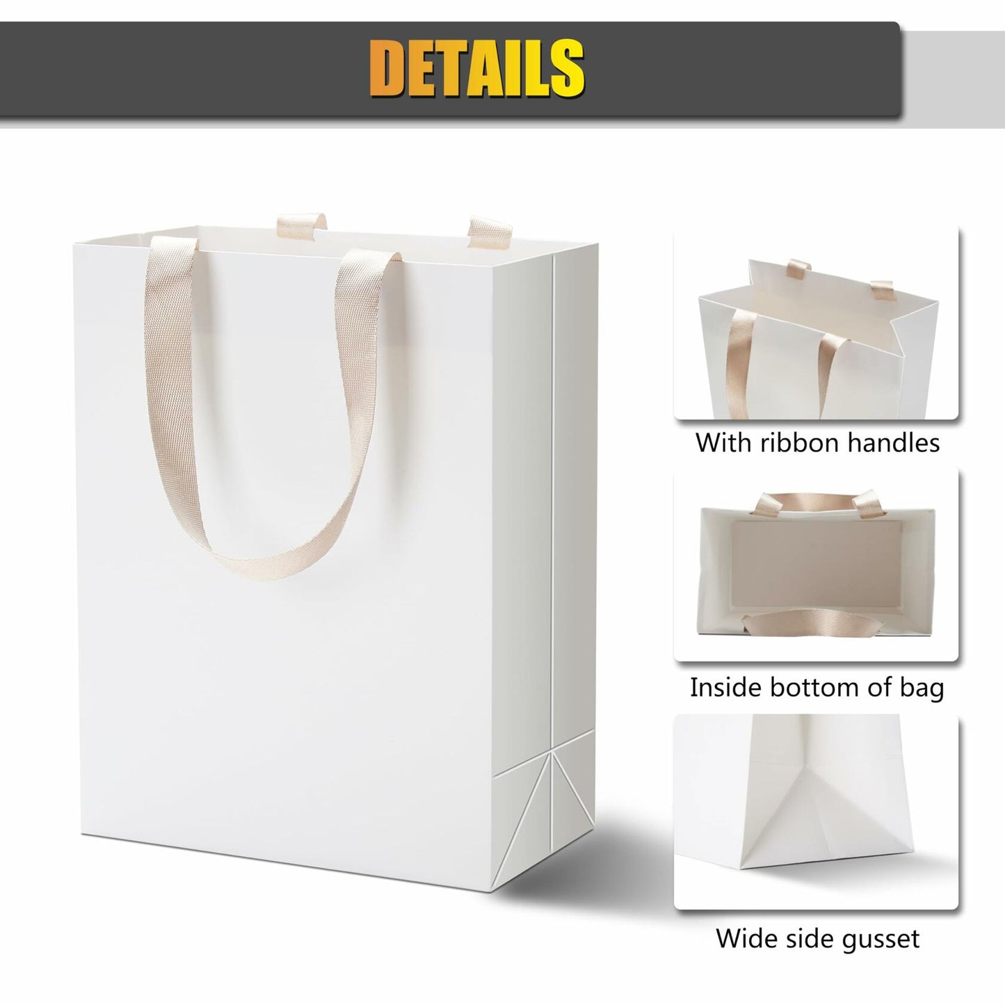 YUEYANG White Paper Gift Bags with Handles 8x4.25x10 inch 20Pcs