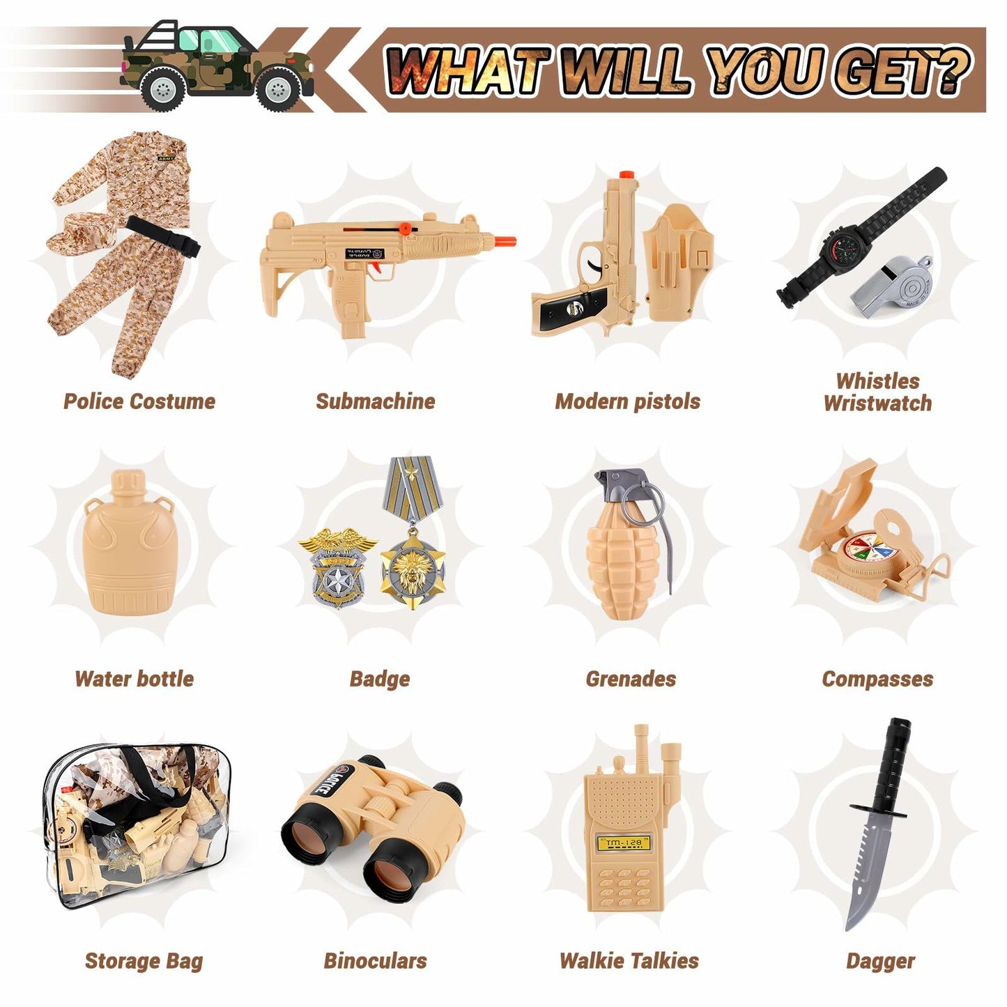 deAO Army Soldier Dress Up Costume Set with Helmet Yellow Size M