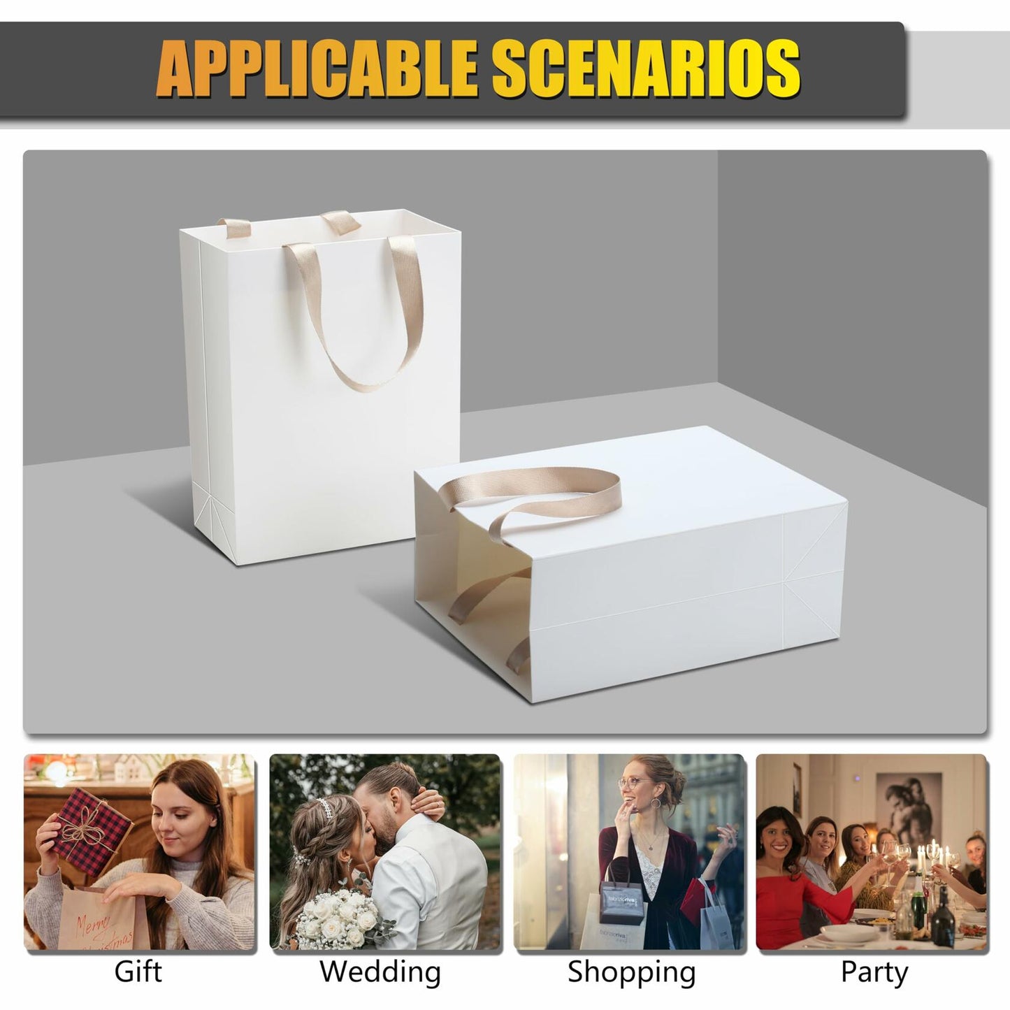 YUEYANG White Paper Gift Bags with Handles 8x4.25x10 inch 20Pcs