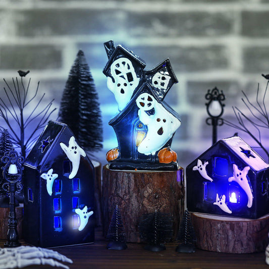 VioraWhite 15 Pcs Lighted Ceramic Halloween Village Accessories Set Black