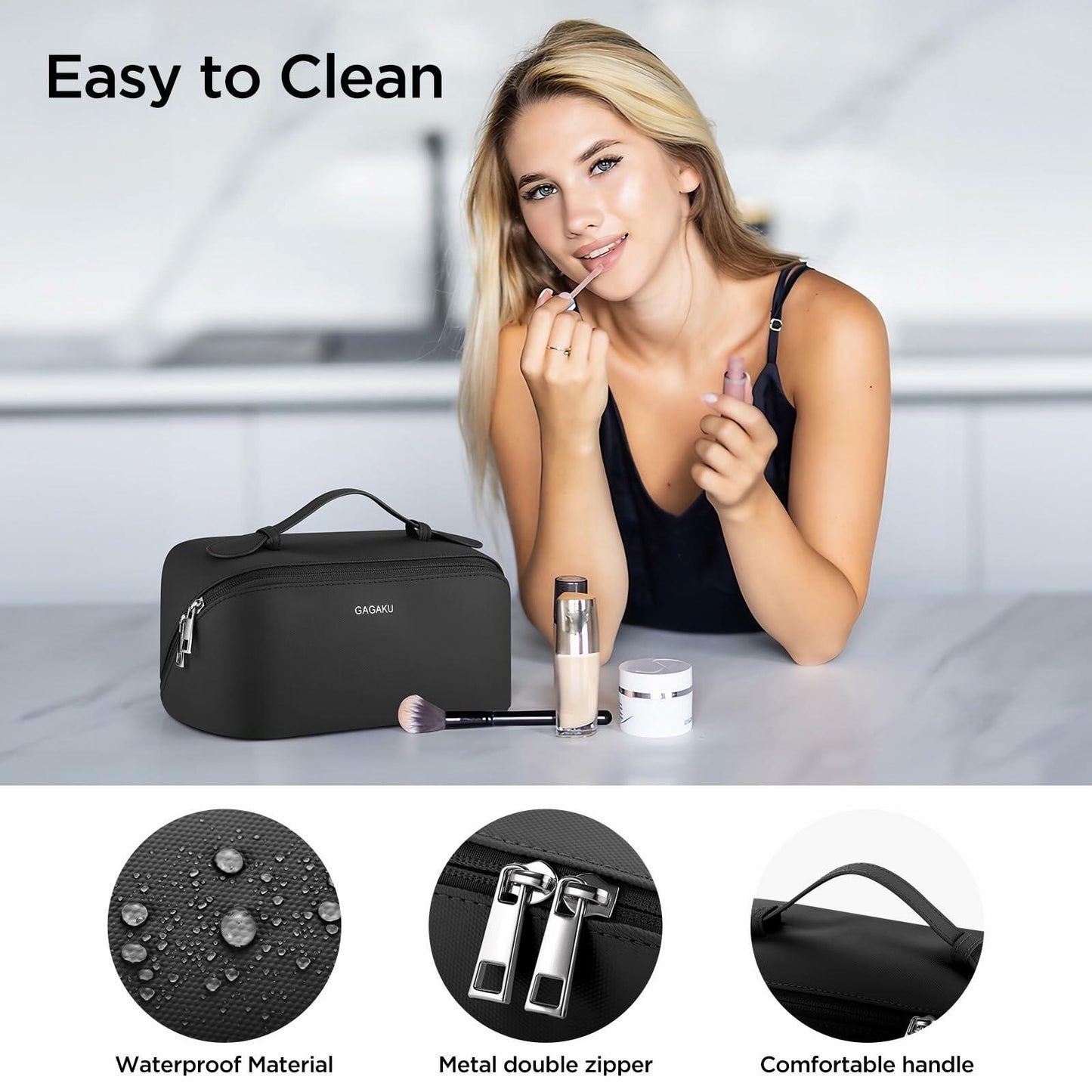 GAGAKU Large Travel Makeup Bag Waterproof Cosmetic Organizer Black