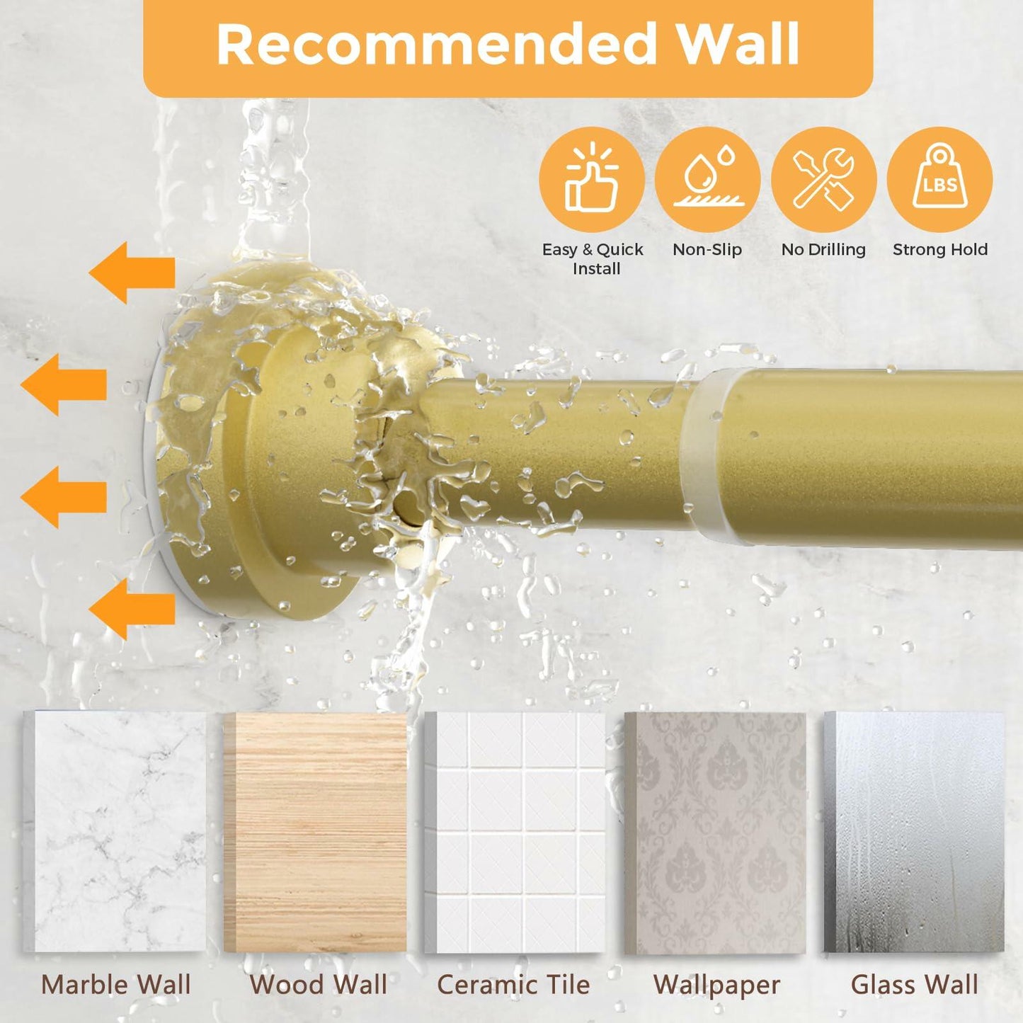 Fvonzn Adjustable Gold Shower Curtain Rod 28-48in Non-Slip High Carbon Steel