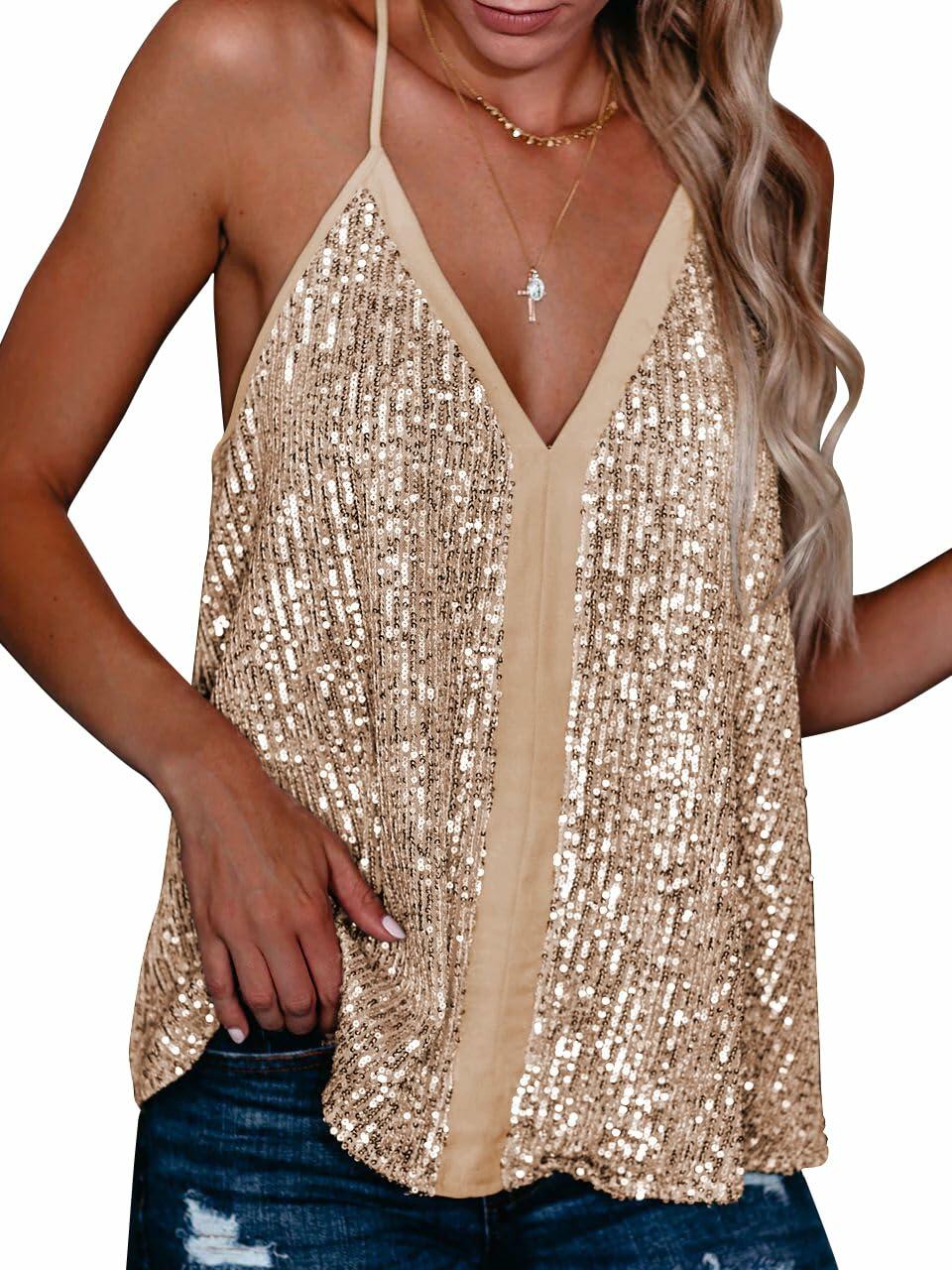 miduo Womens Sequin V Neck Strappy Tank Top Gold Size S