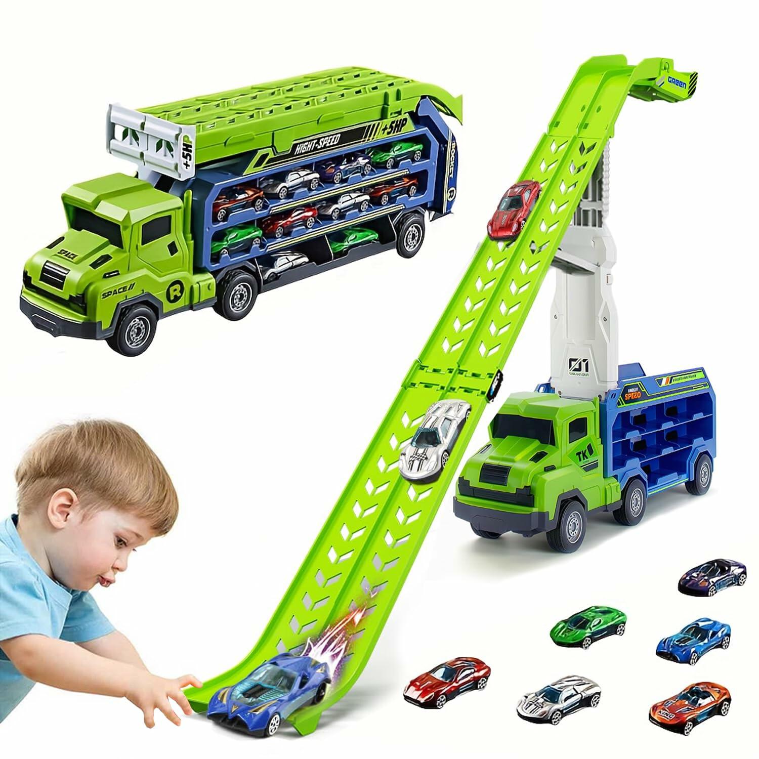 Unimoly Dinosaur Track Cars Toy Blue Transforms Dino Truck 8 Die-Cast Cars