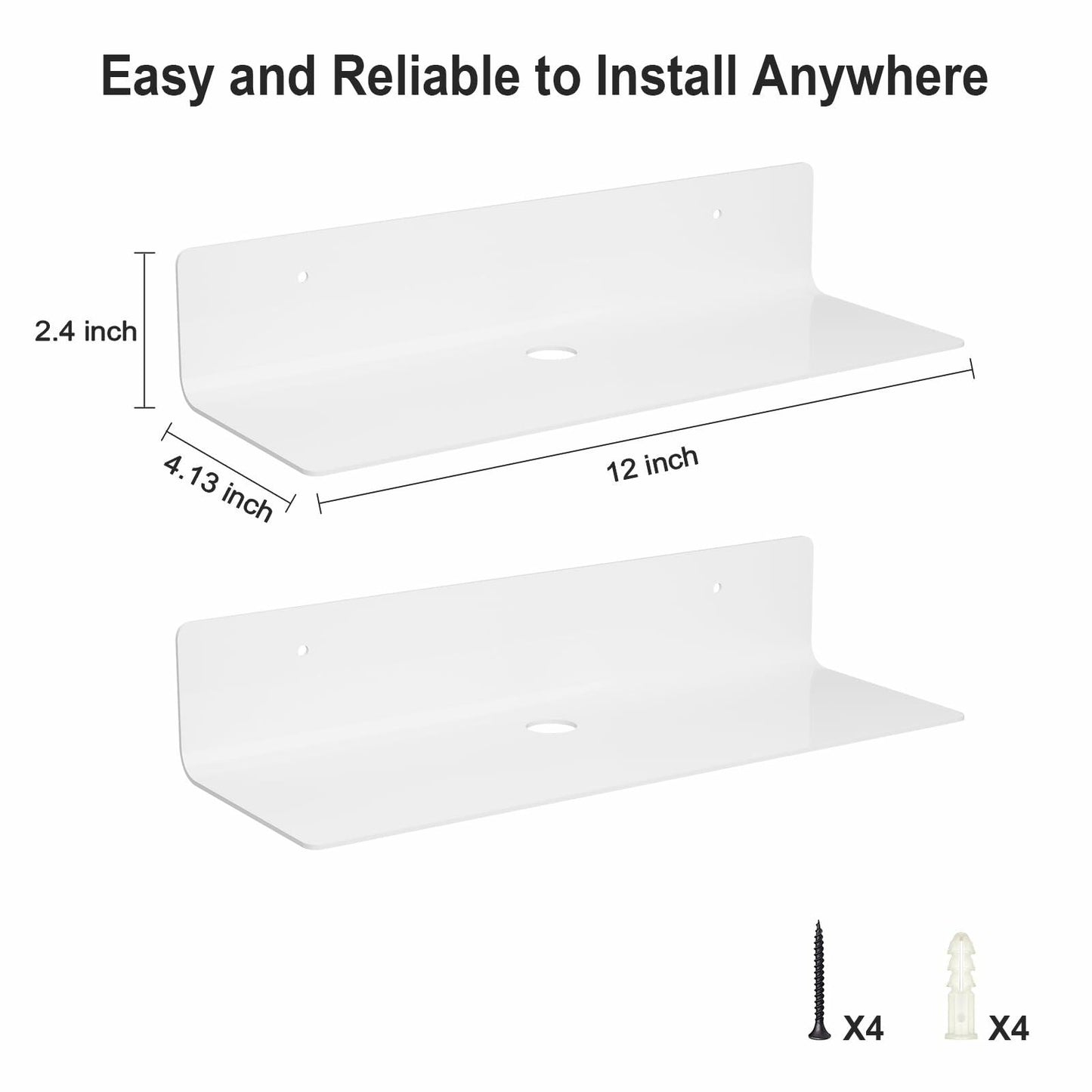 RRG 12 Inch Acrylic Floating Shelves 2 Pack Wall Mounted White