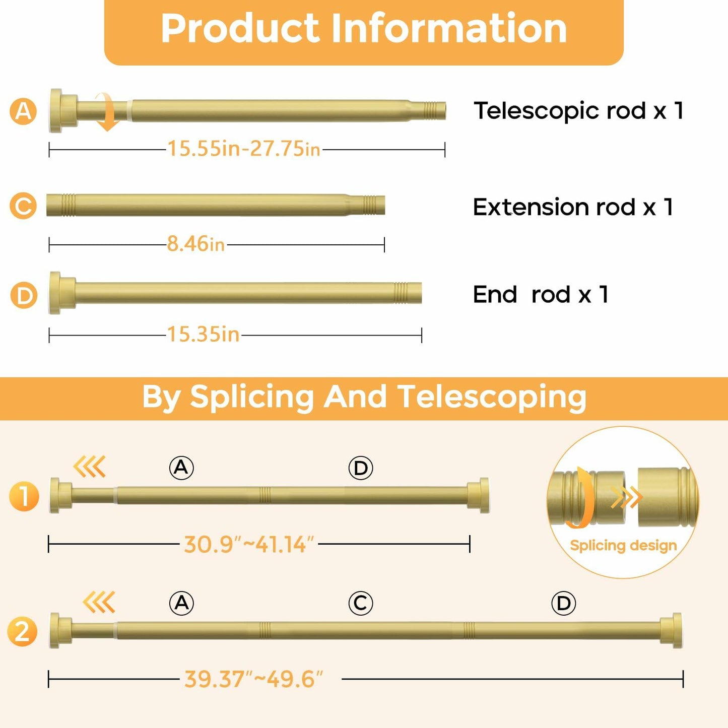 Fvonzn Adjustable Gold Shower Curtain Rod 28-48in Non-Slip High Carbon Steel