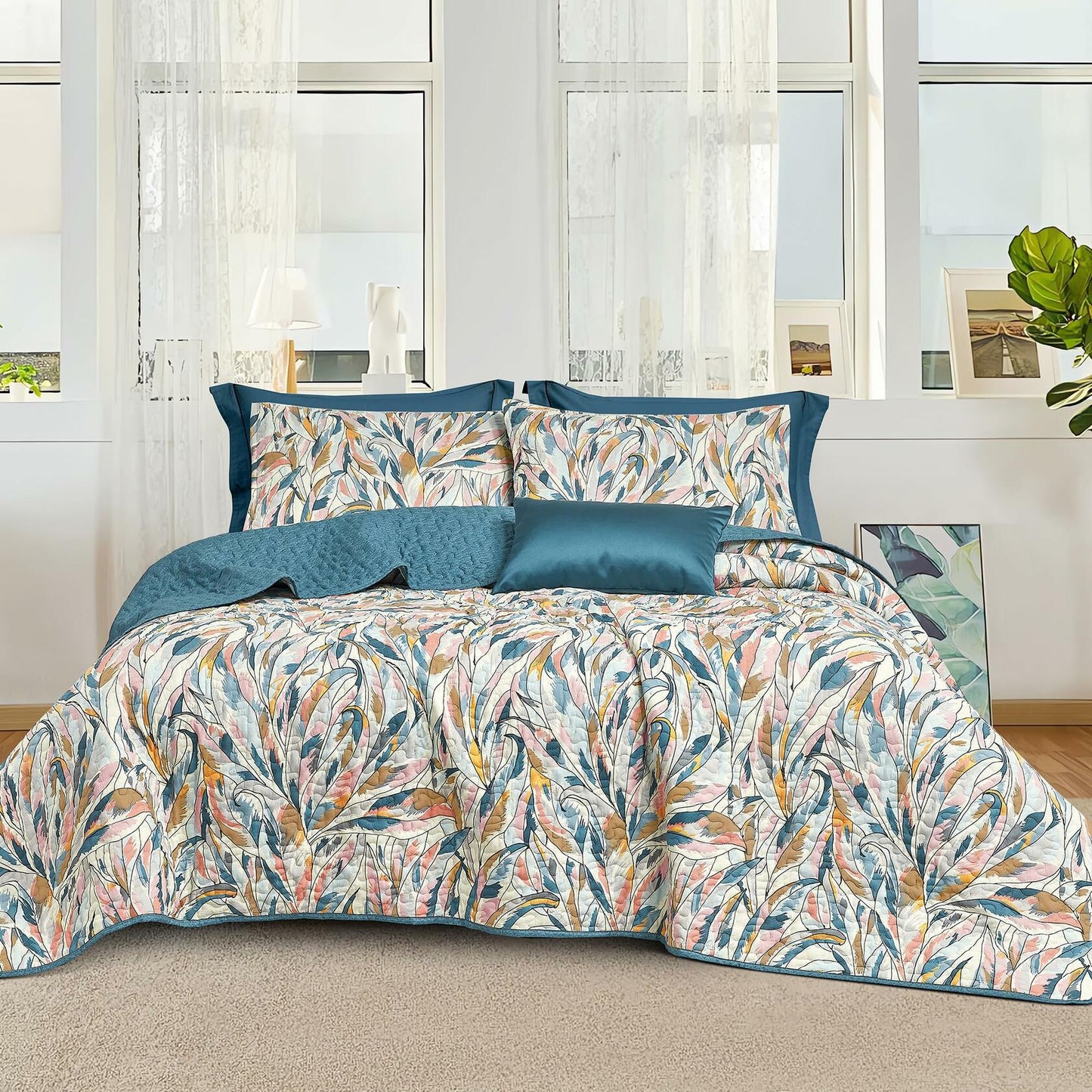 SLEEPBELLA Cotton Quilt Set Reversible Blue Geometric 3Pcs King 106x96