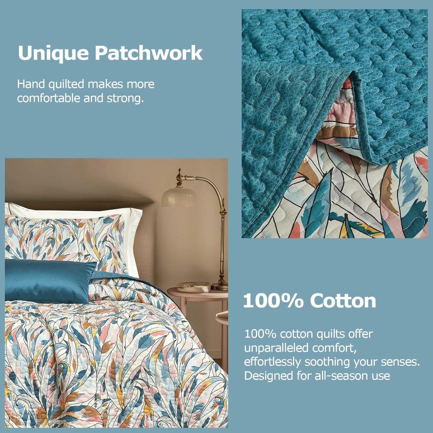 SLEEPBELLA Cotton Quilt Set Reversible Blue Geometric 3Pcs King 106x96