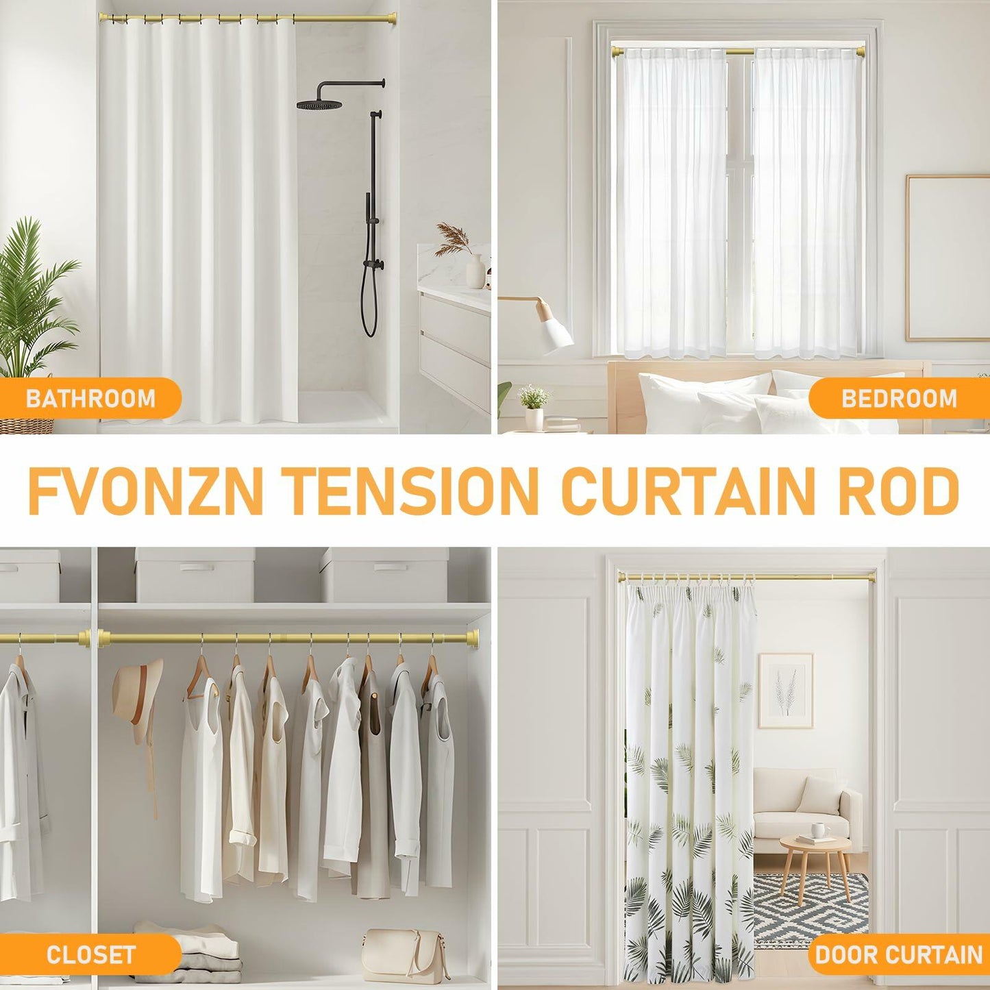 Fvonzn Adjustable Gold Shower Curtain Rod 28-48in Non-Slip High Carbon Steel