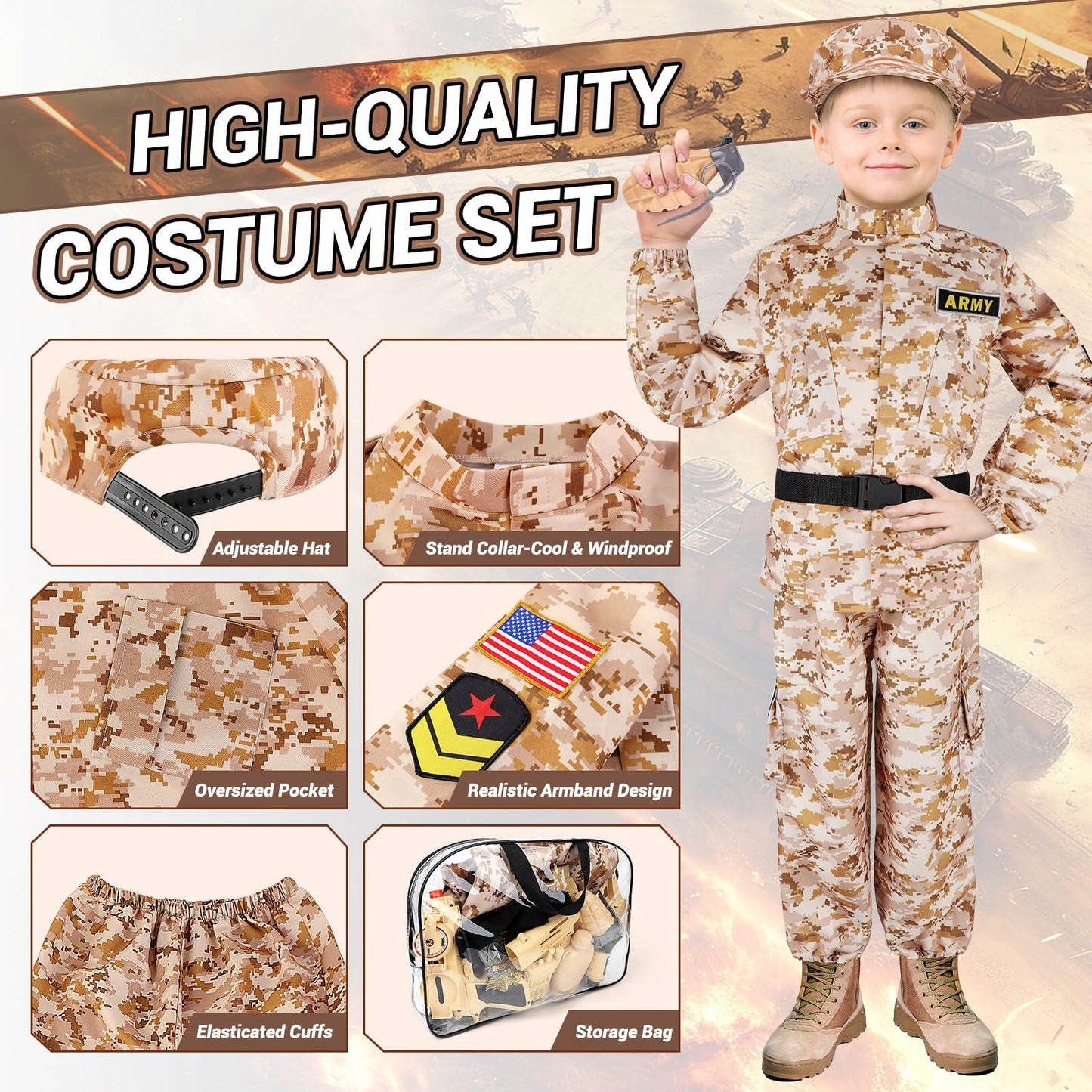 deAO Army Soldier Dress Up Costume Set with Helmet Yellow Size M
