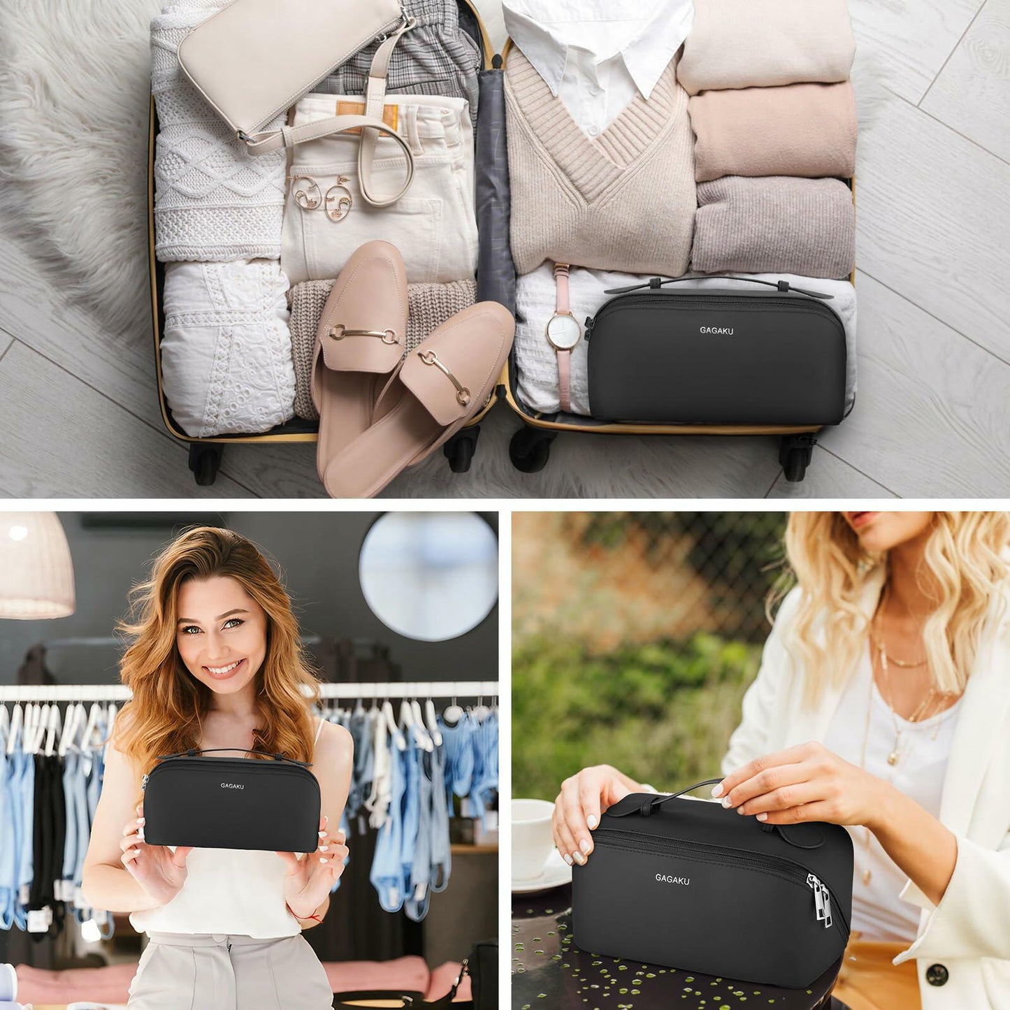 GAGAKU Large Travel Makeup Bag Waterproof Cosmetic Organizer Black