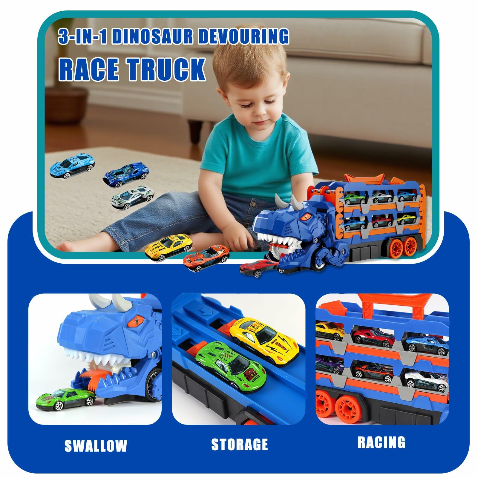 Unimoly Dinosaur Track Cars Toy Blue Transforms Dino Truck 8 Die-Cast Cars