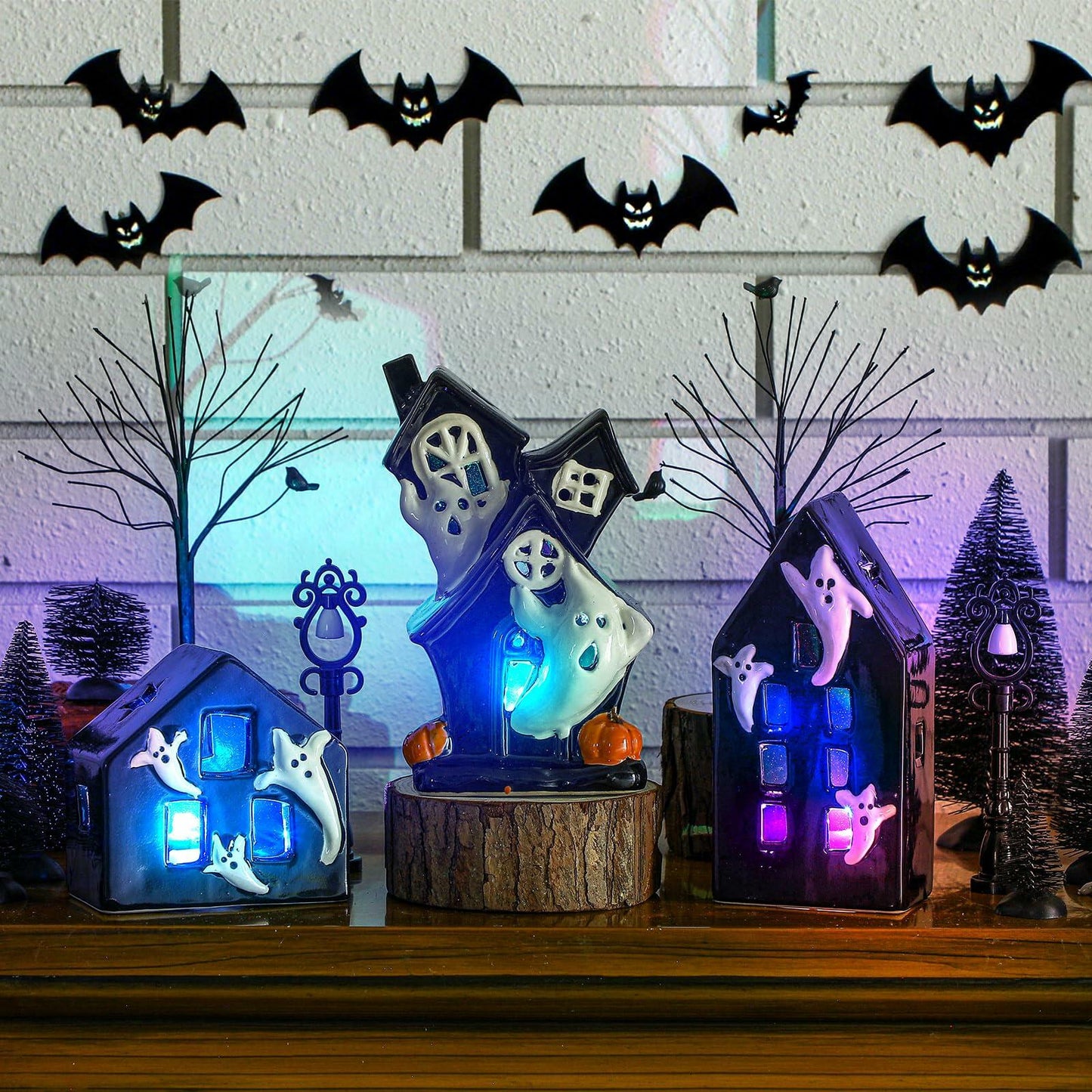 VioraWhite 15 Pcs Lighted Ceramic Halloween Village Accessories Set Black
