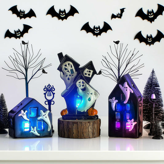 VioraWhite 15 Pcs Lighted Ceramic Halloween Village Accessories Set Black