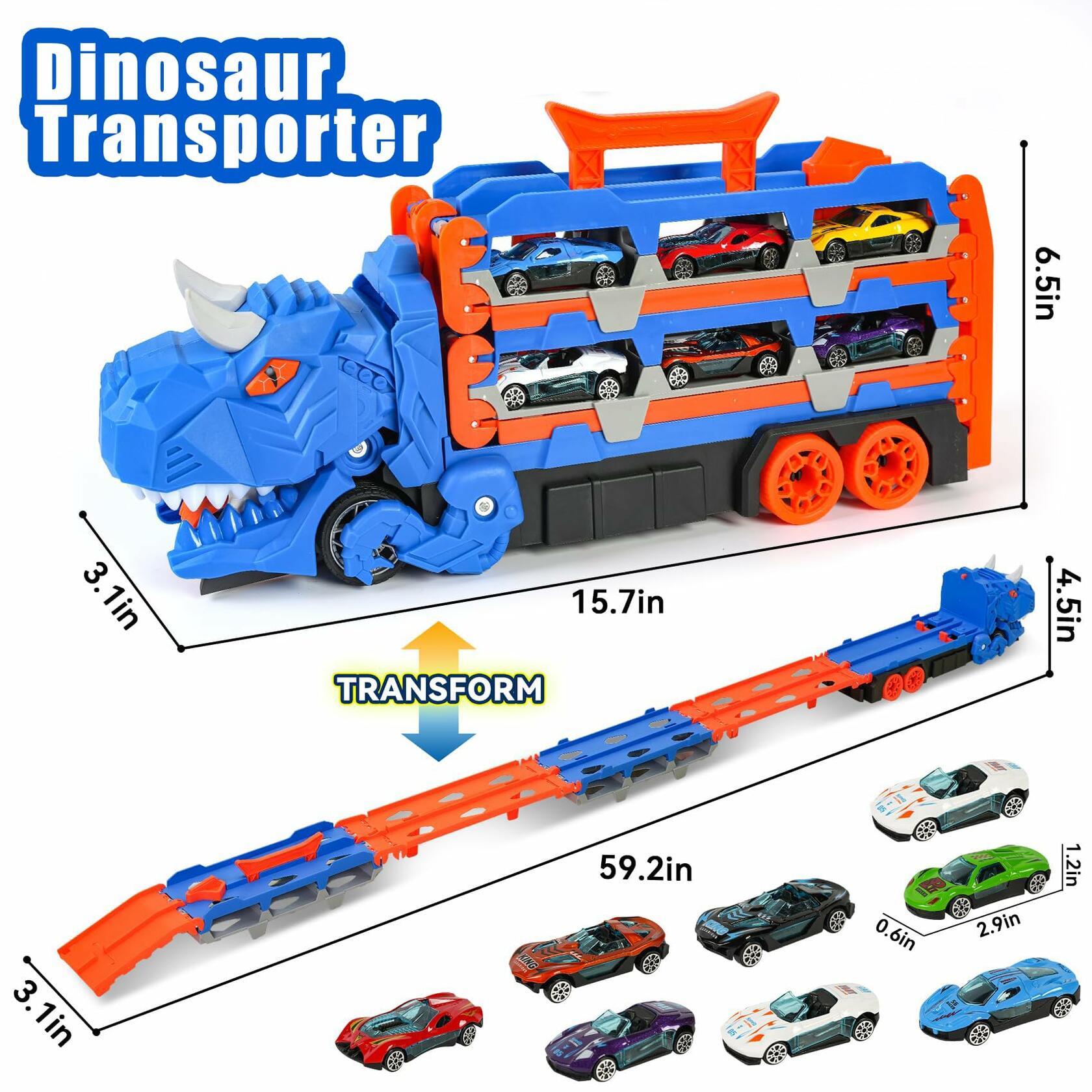 Unimoly Dinosaur Track Cars Toy Blue Transforms Dino Truck 8 Die-Cast Cars