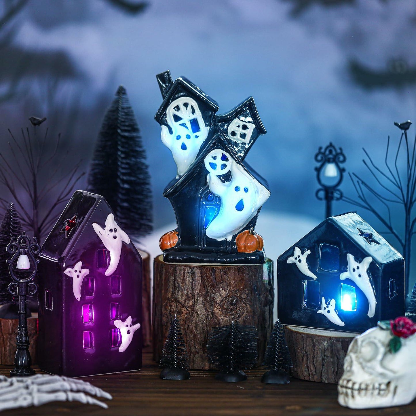 VioraWhite 15 Pcs Lighted Ceramic Halloween Village Accessories Set Black